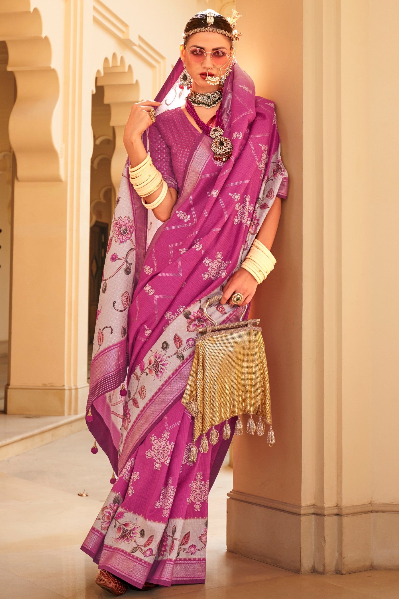 Buy MySilkLove Hibiscus Pink Floral Printed Banarasi Saree Online