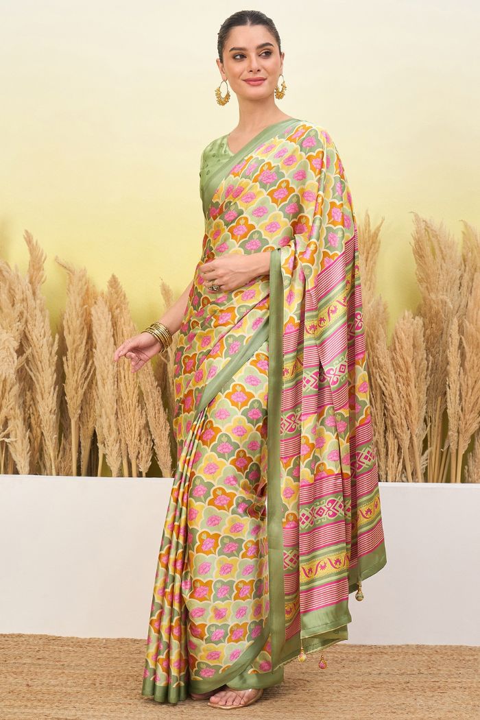 Buy MySilkLove Olive Green and Cream Modal Satin Printed Silk Saree Online