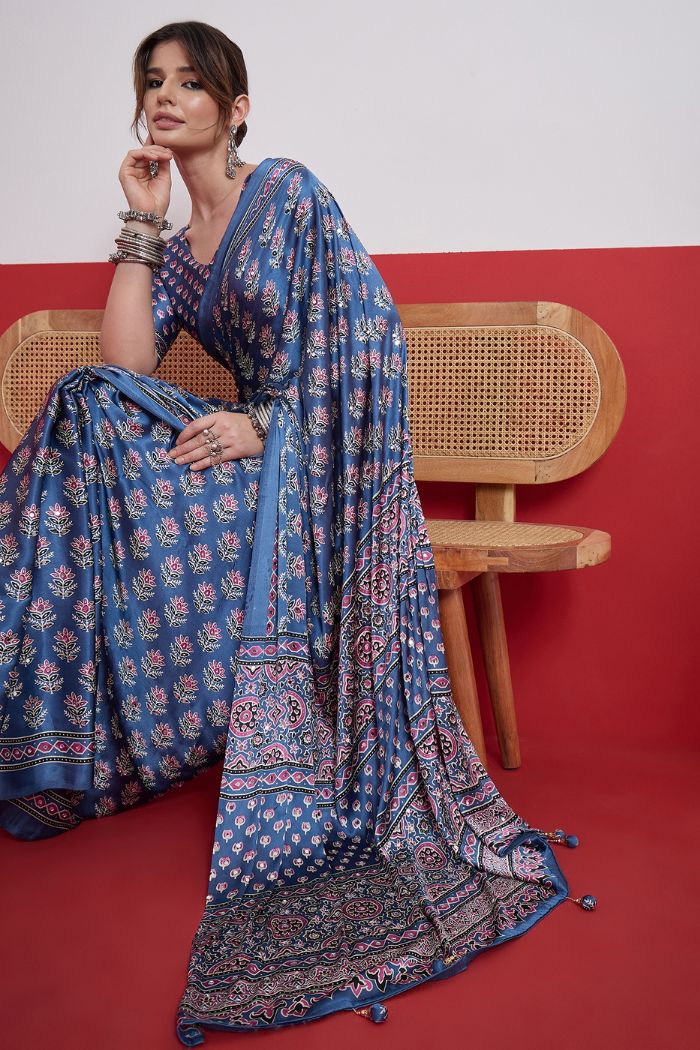 Buy MySilkLove Cloud Blue Modal Ajrakh Satin Printed Mirror Work Saree Online