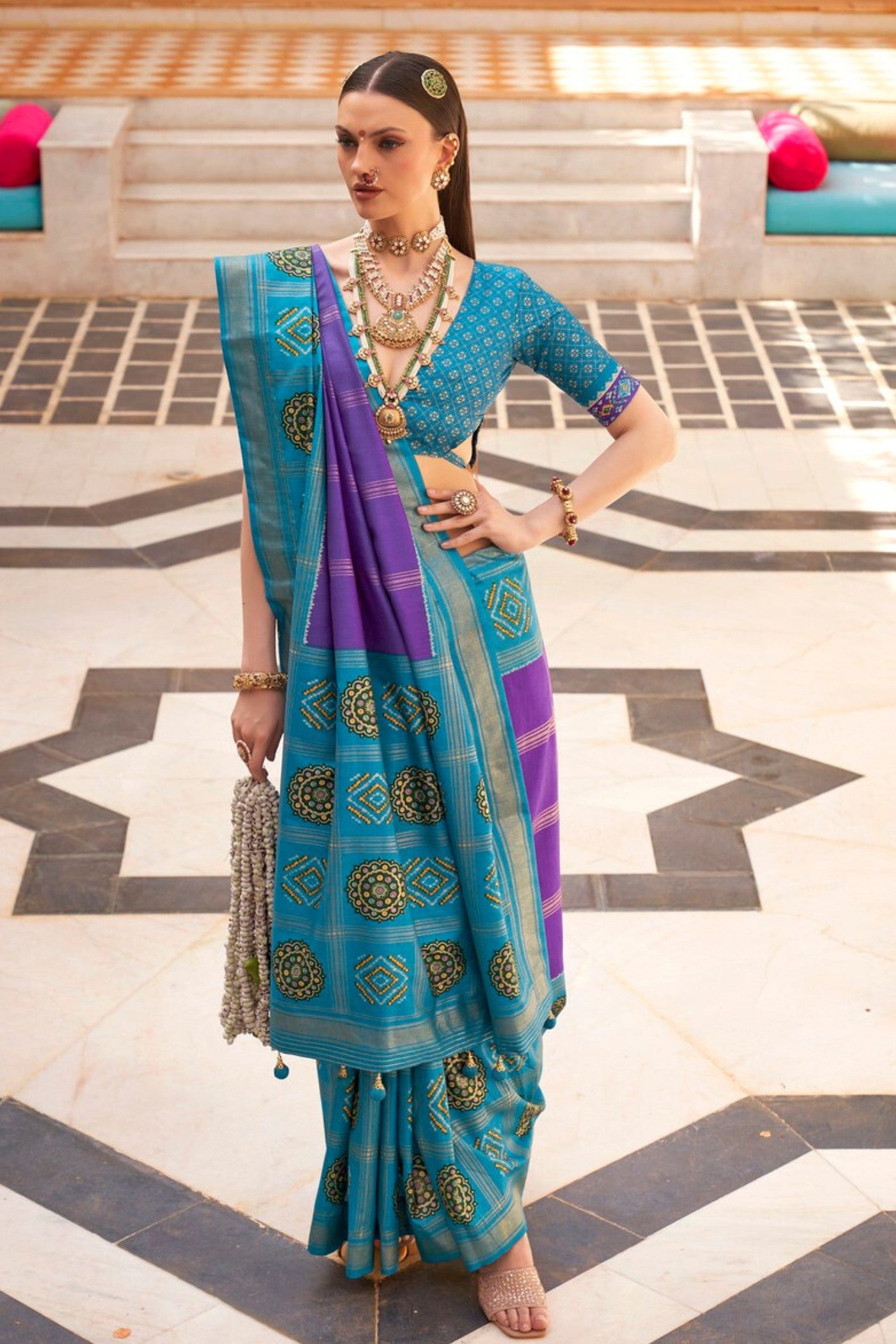 Buy MySilkLove Crocus Purple and Blue Printed Patola Saree Online