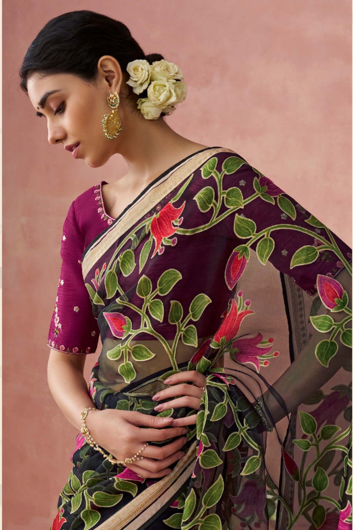 Buy MySilkLove Creole Black Brasso Organza Printed Saree Online