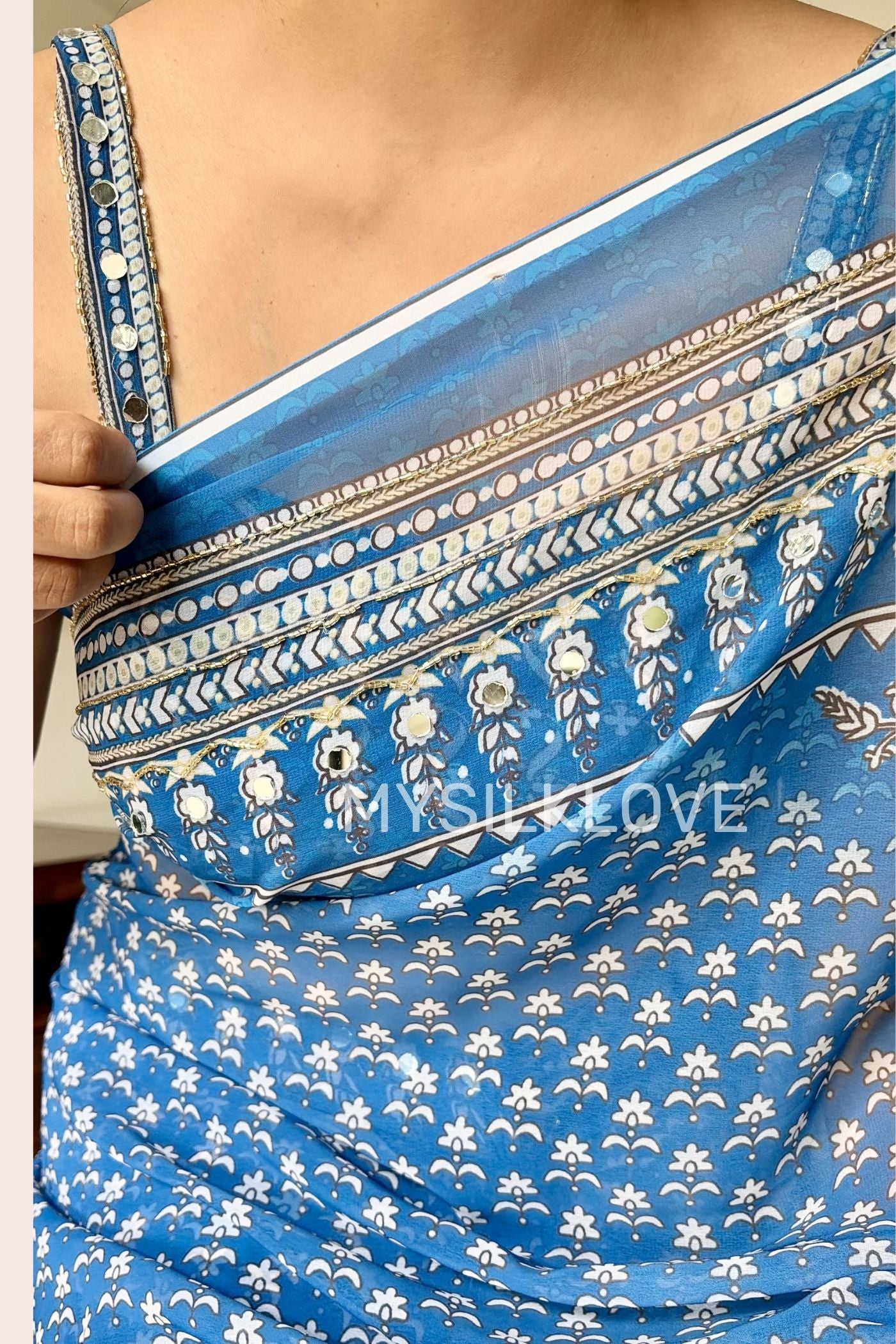 Buy MySilkLove Light Blue Ajrakh Georgette Mirror Work Saree Without Blouse Online