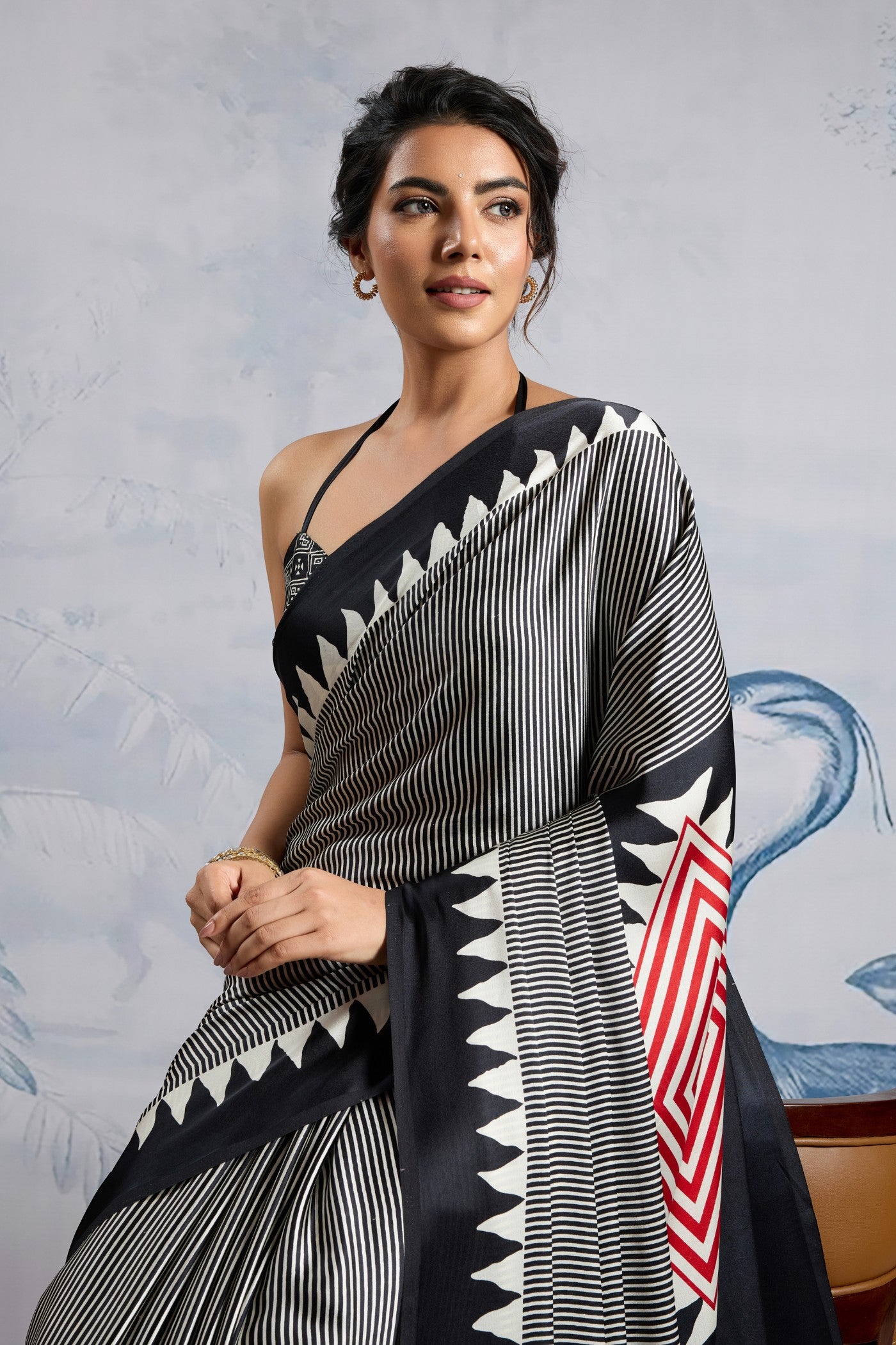 Buy MySilkLove Melanie Black Stripe Ajrakh Printed Satin Crepe Silk Saree Online