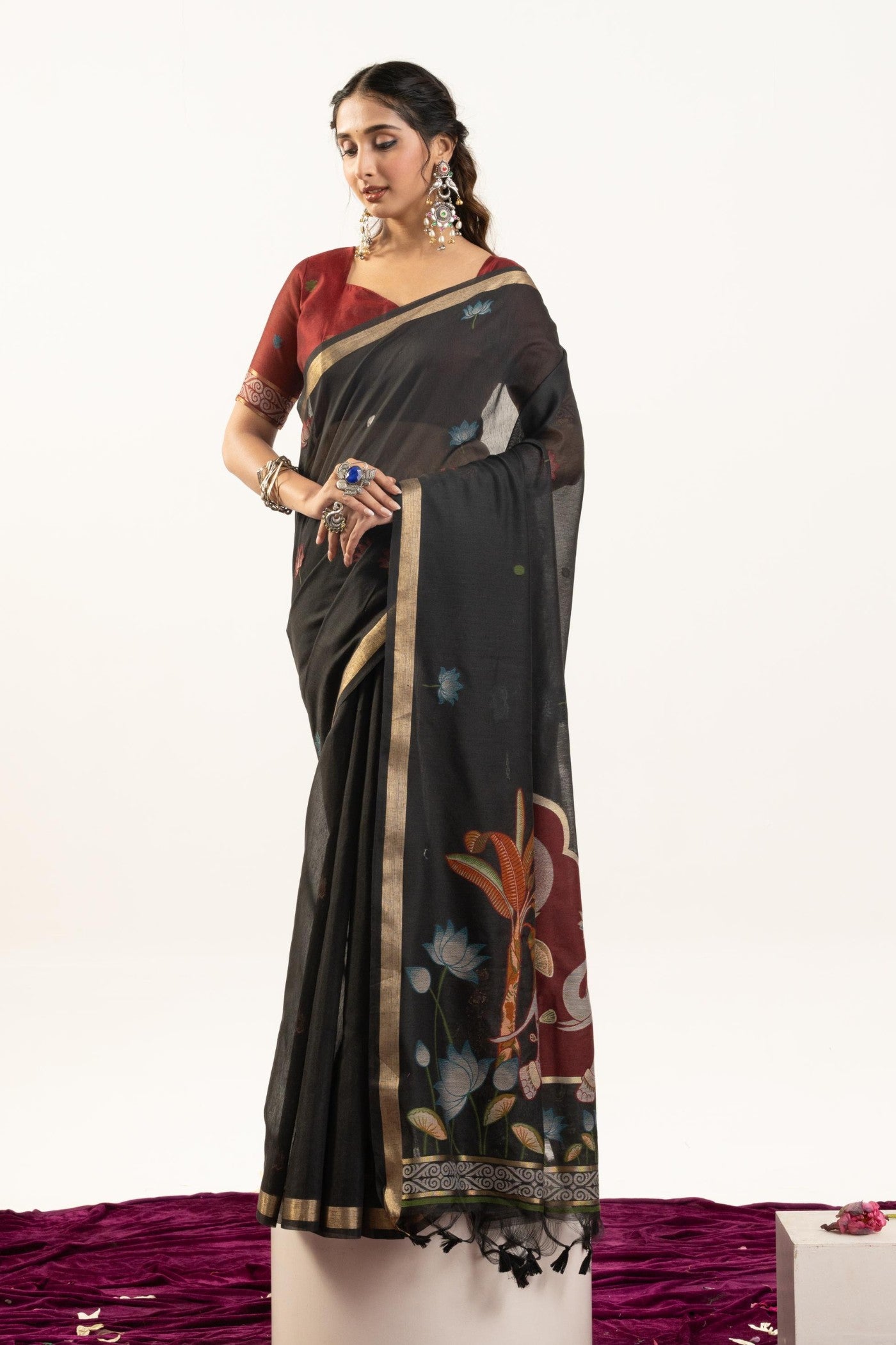 Buy MySilkLove Eclipse Black Woven Soft Muga Cotton Saree Online