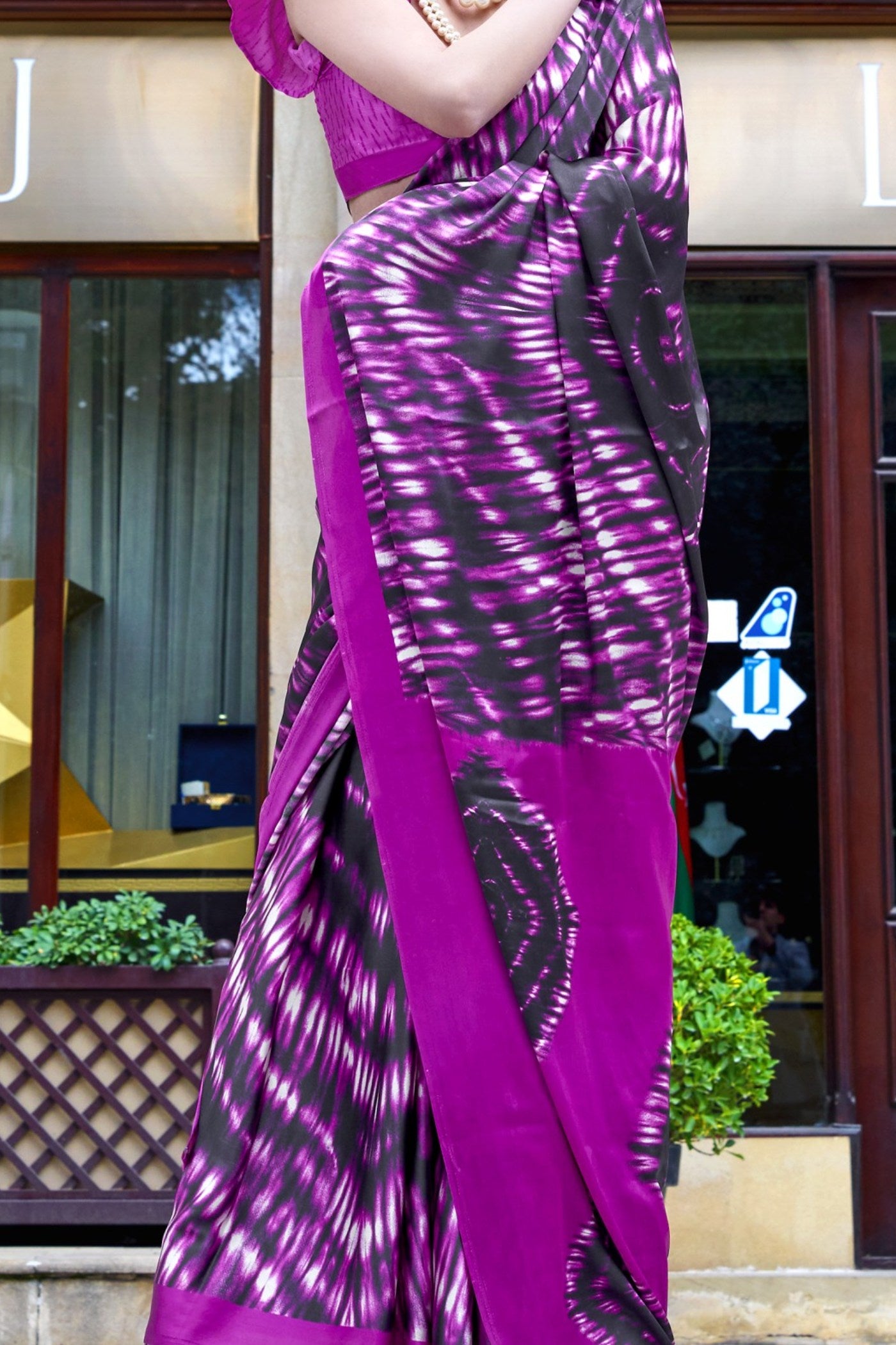 Buy MySilkLove Magenta Purple Printed Satin Crepe Silk Saree Online