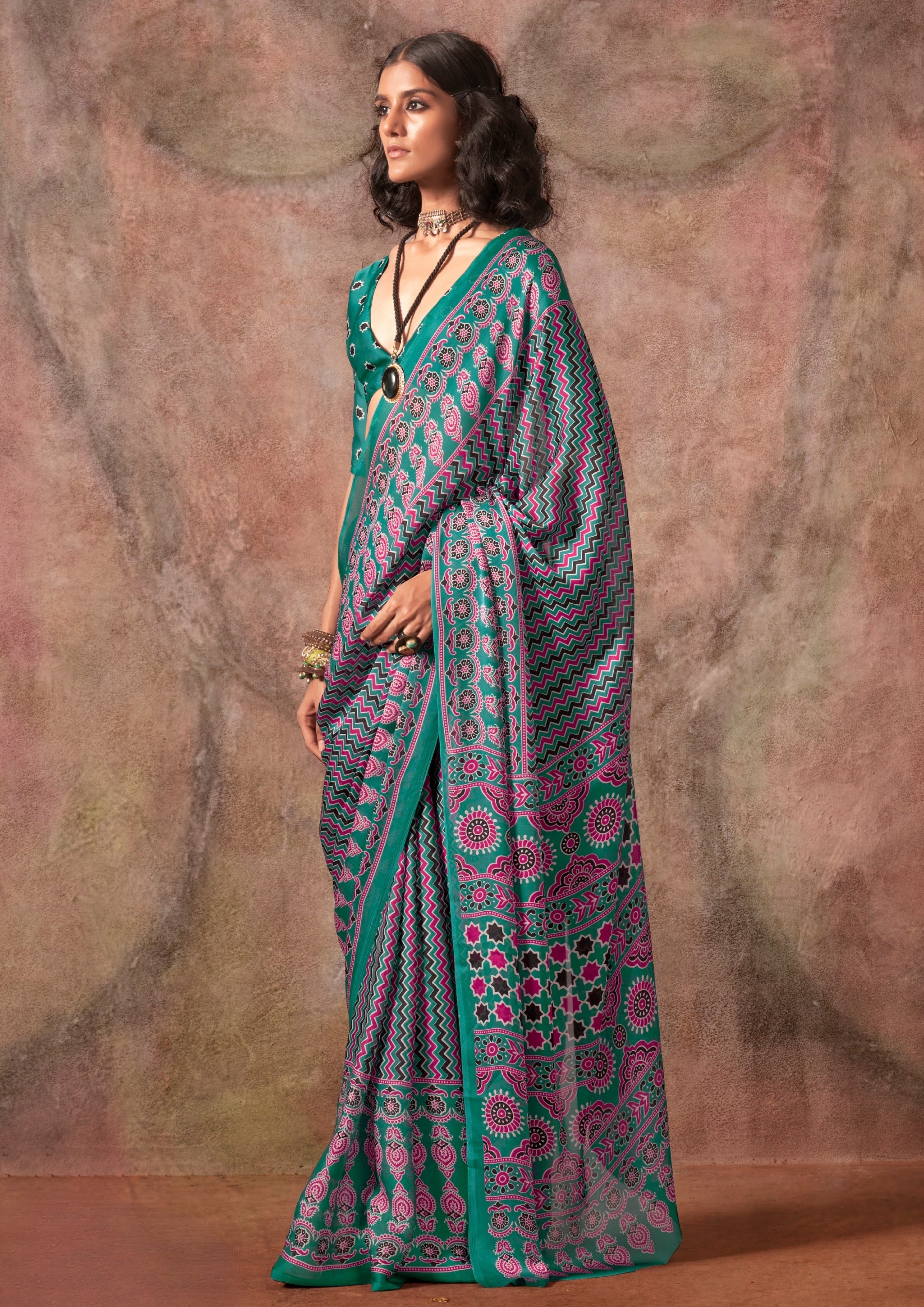 Buy MySilkLove Arsenic Grey and Green Ajrakh Printed Satin Georgette Silk Saree Online