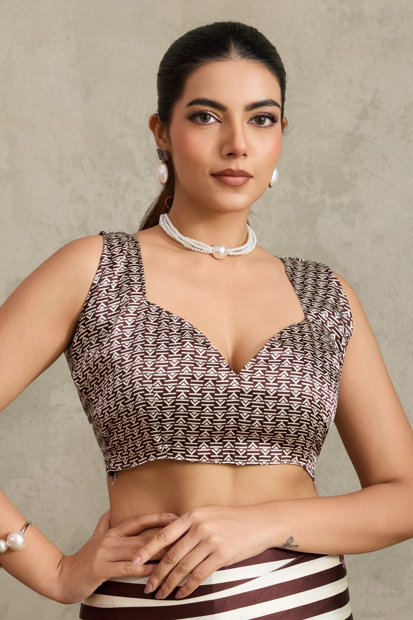 Buy MySilkLove Umber Brown Ajrakh Printed Satin Crepe Silk Saree Online