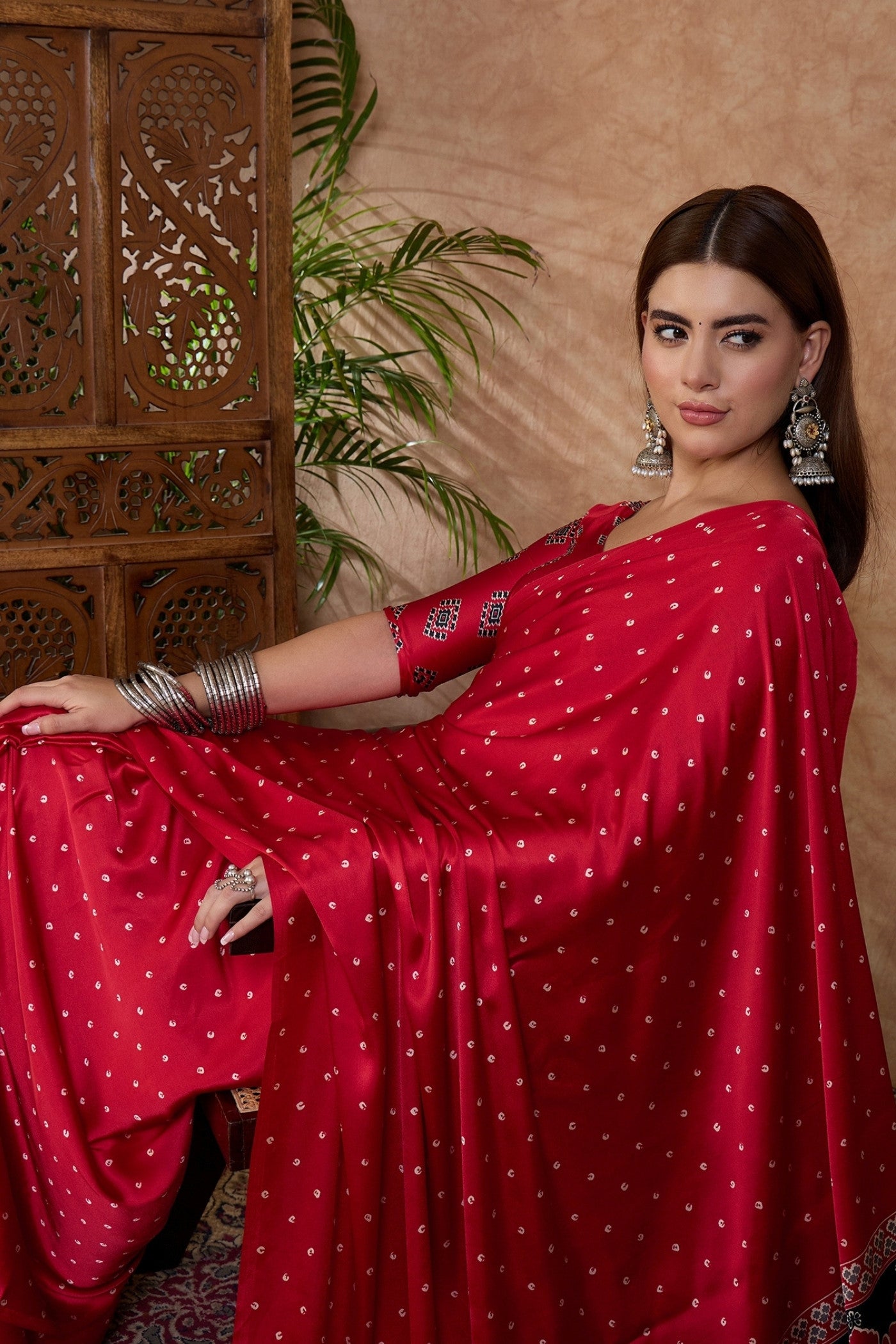 Buy MySilkLove Barn Red Ajrakh Printed Satin Crepe Silk Saree Online