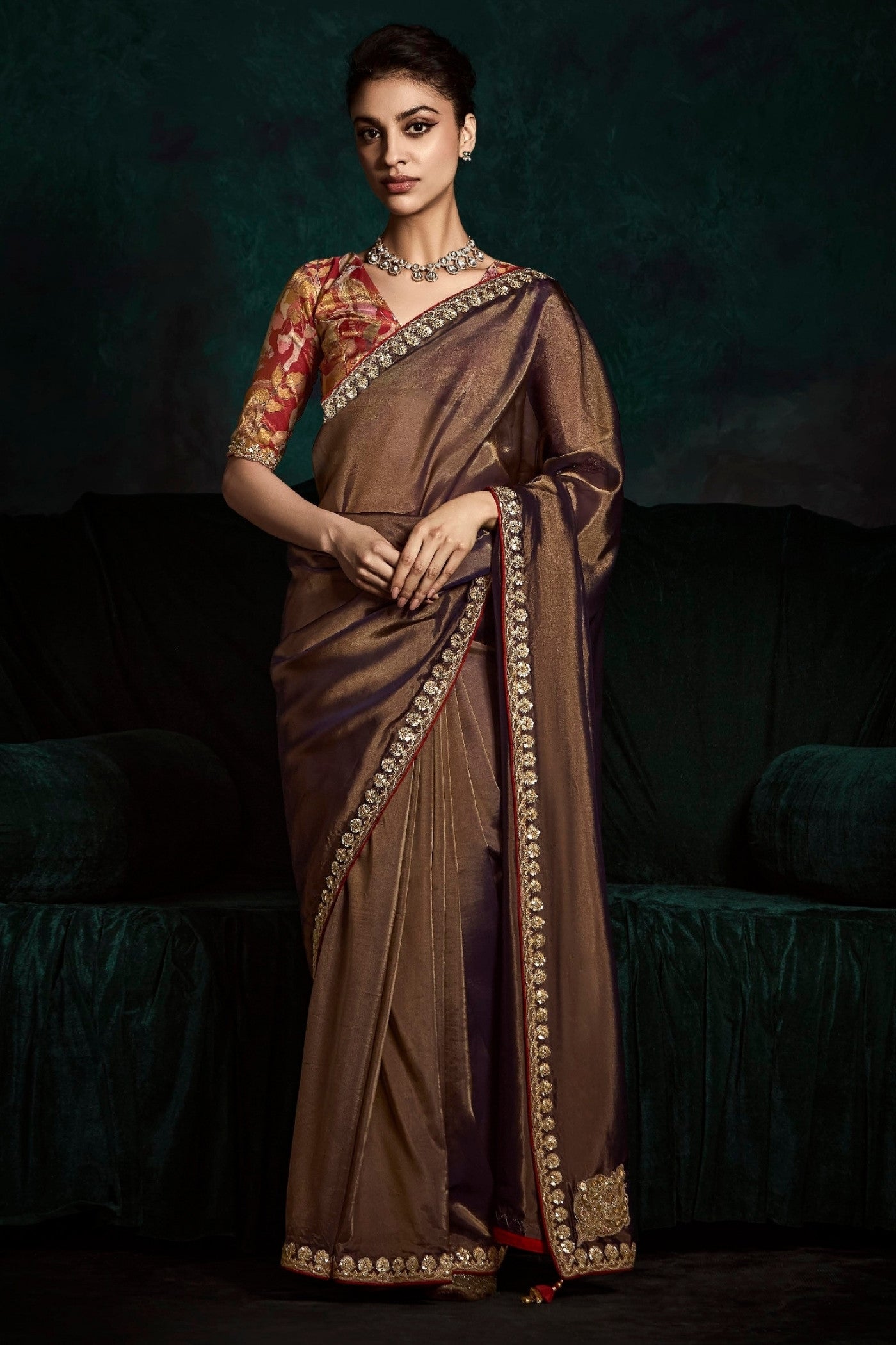 Buy MySilkLove Coffe Brown Embroidered Tissue Designer Saree Online