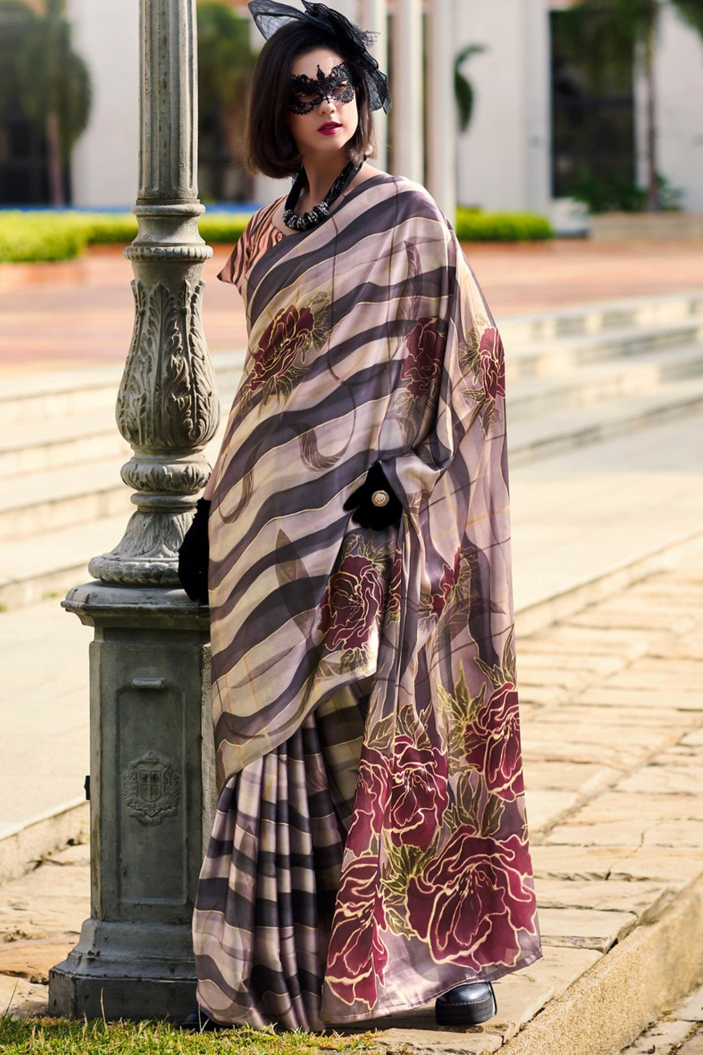 Buy MySilkLove Don Juan Brown Printed Satin Crepe Silk Saree Online