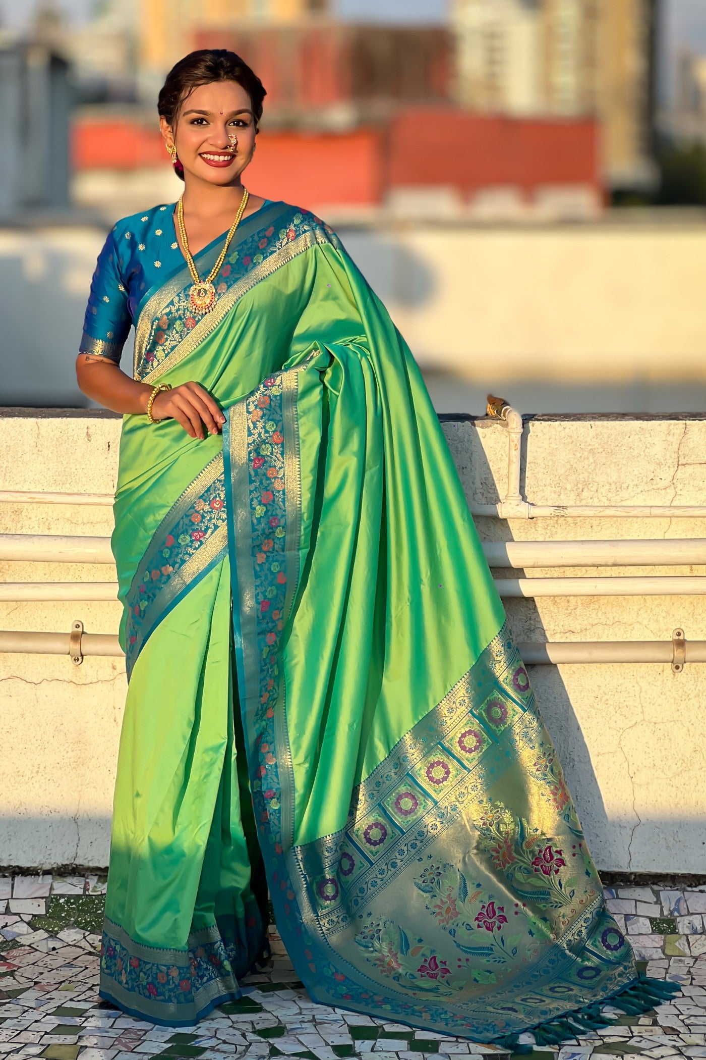 Buy MySilkLove Conifer Green and Blue Zari Woven Paithani Saree Online