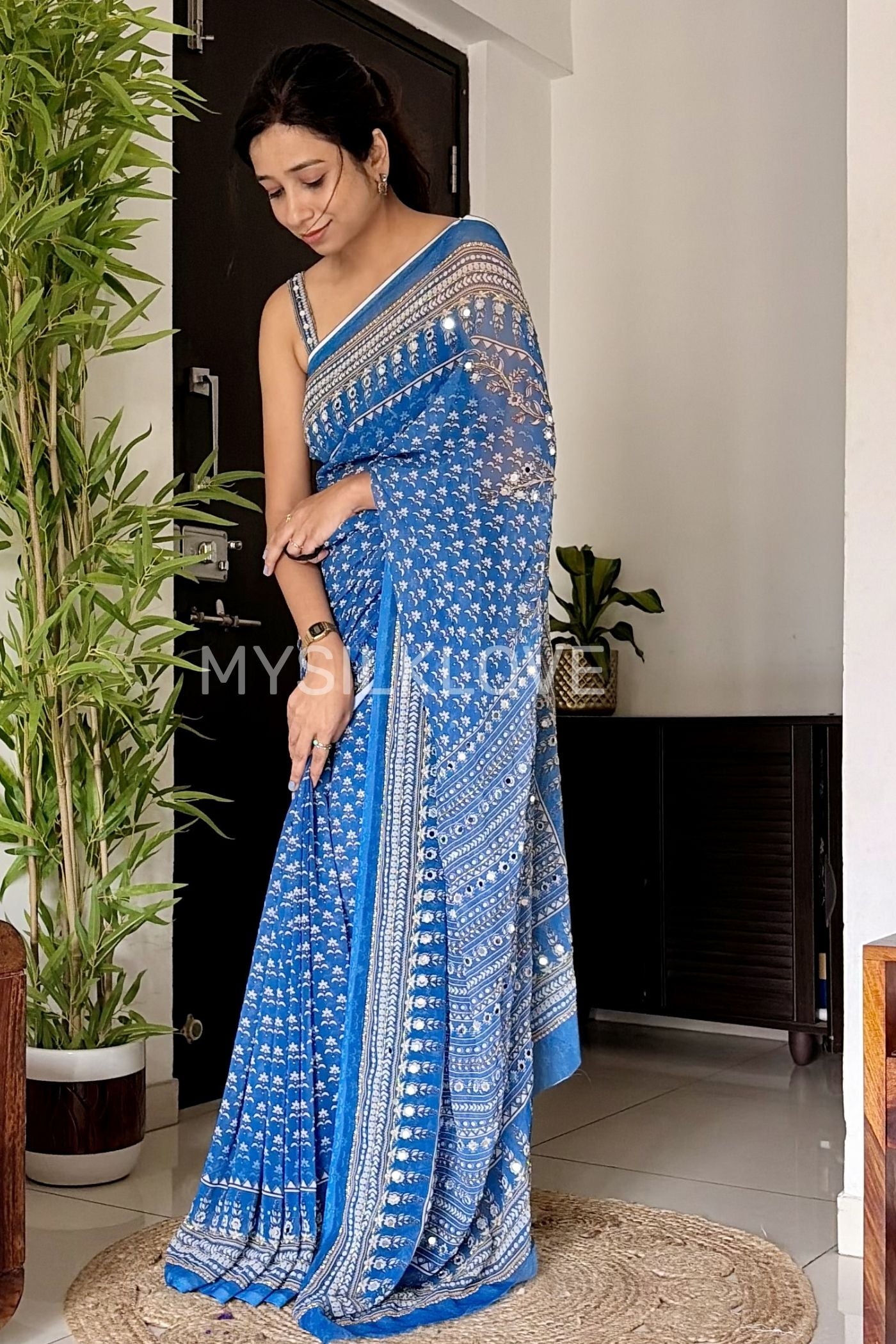 Buy MySilkLove Light Blue Ajrakh Georgette Mirror Work Saree Without Blouse Online