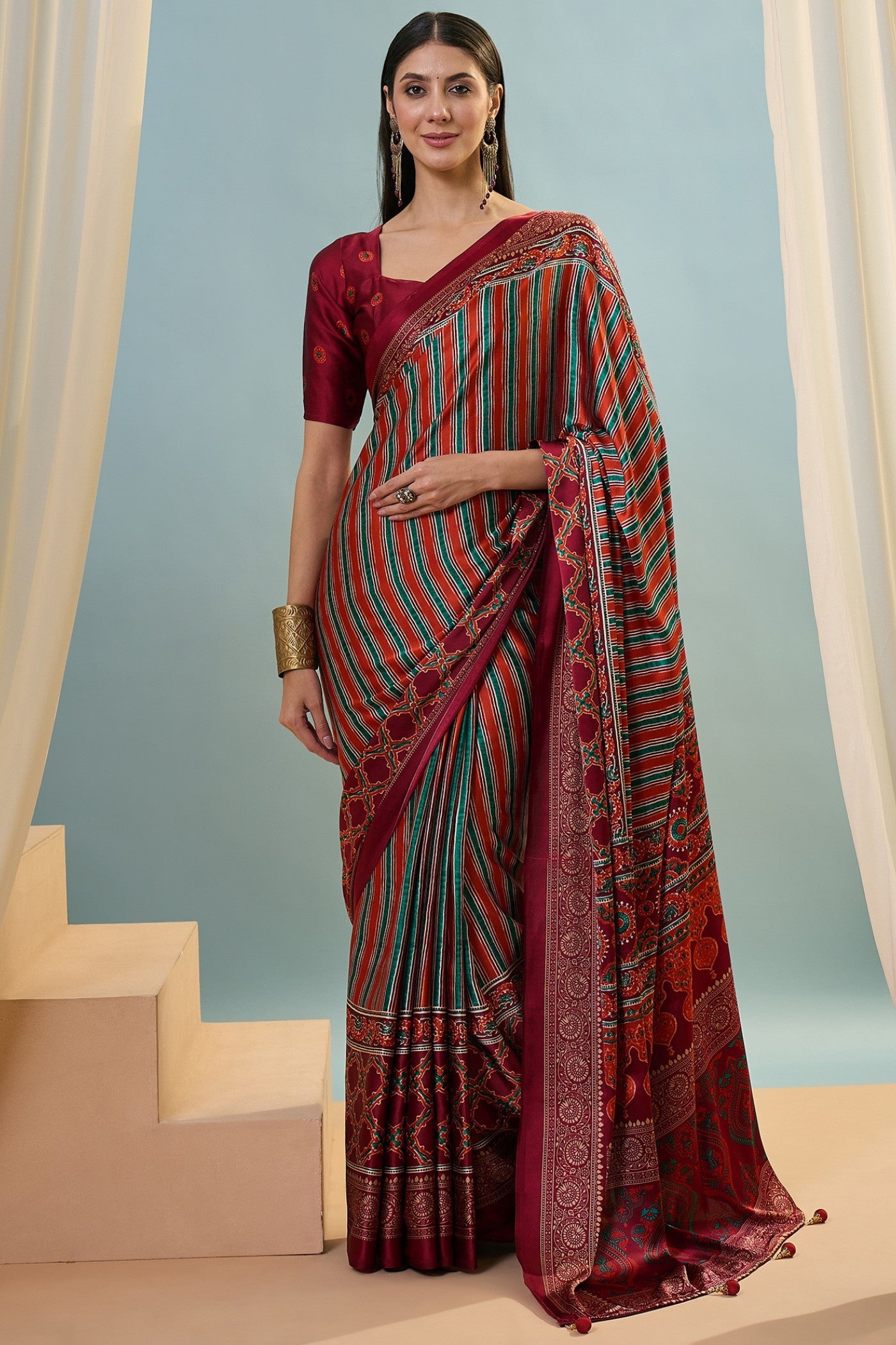 Buy MySilkLove Sanguine Brown Ajrakh Printed Satin Crepe Silk Saree Online