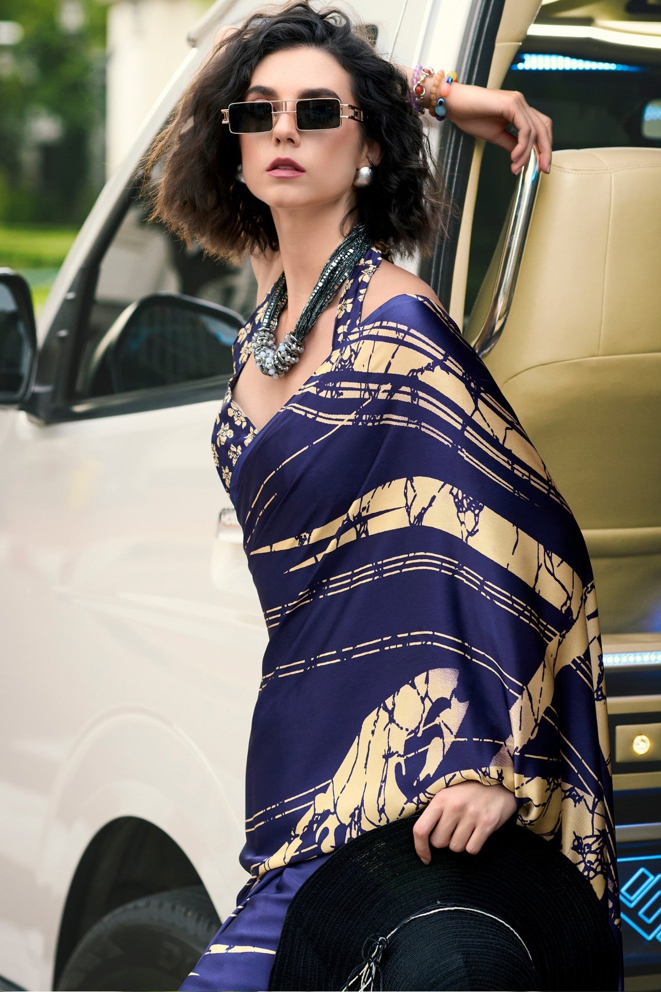 MySilkLove Azure Blue Printed Satin Crepe Saree