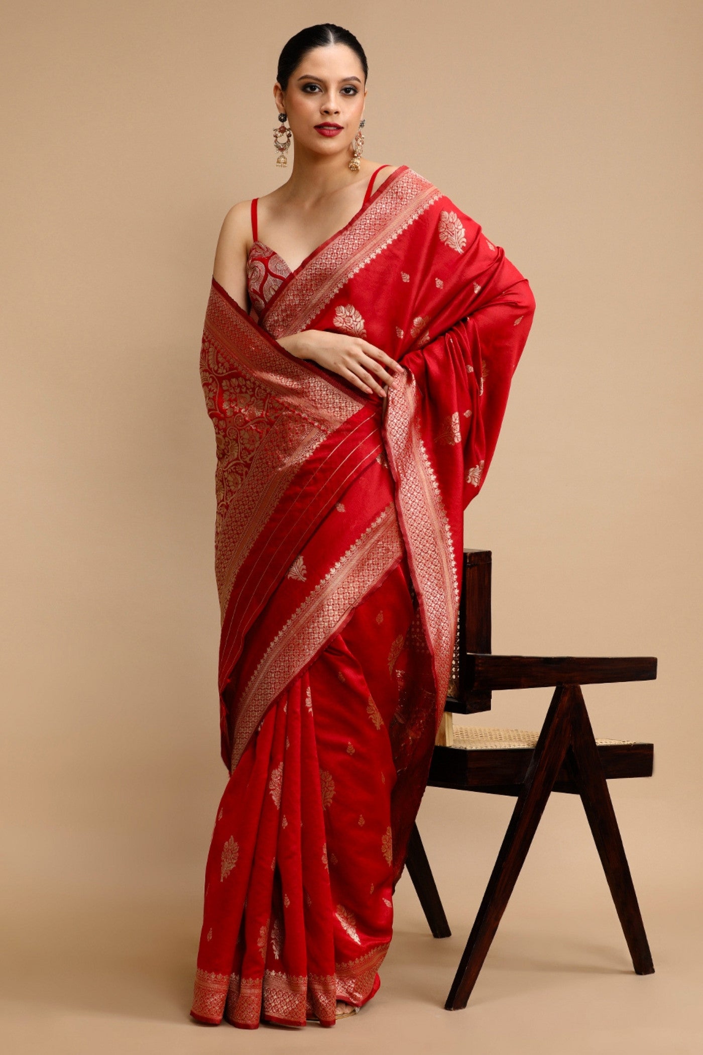 Buy MySilkLove Coral Red Woven Jacquard Lichi Silk Saree Online