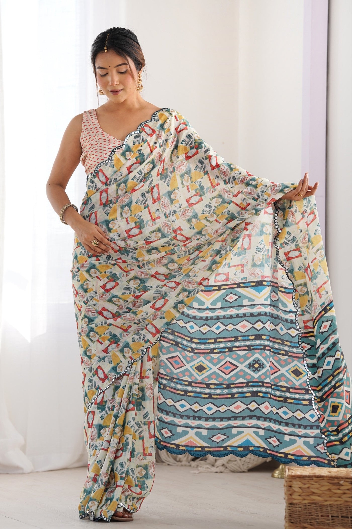 Buy MySilkLove Multicolor White Digital Printed Chinon Saree Online