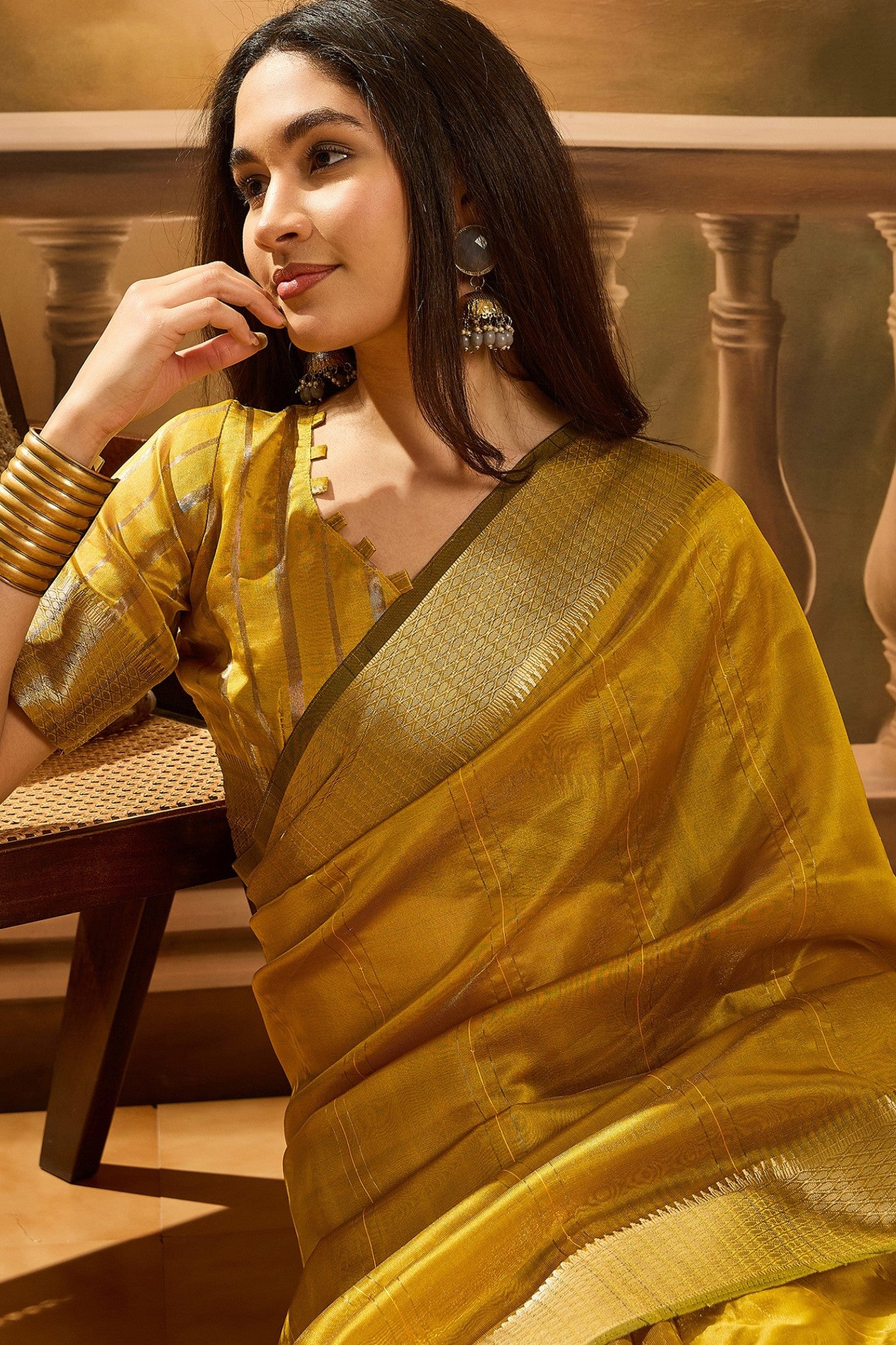 MySilkLove Dijon Yellow Woven Organza Saree