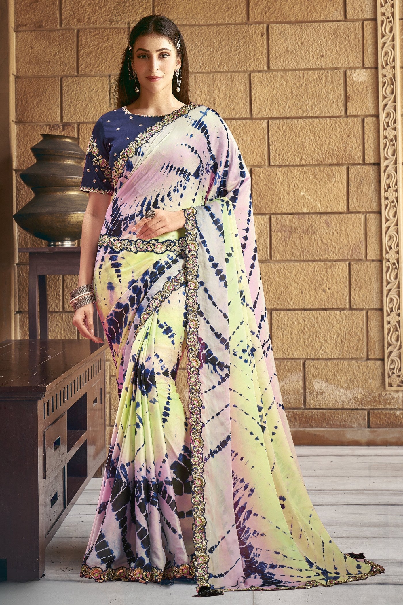 Buy MySilkLove Cupid Pink and Yellow Georgette Printed Silk Saree Online