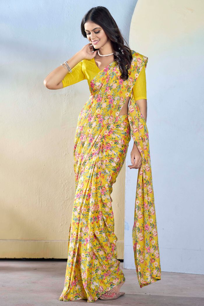 Buy MySilkLove Hazel Yellow Ready To Wear Georgette Saree Online