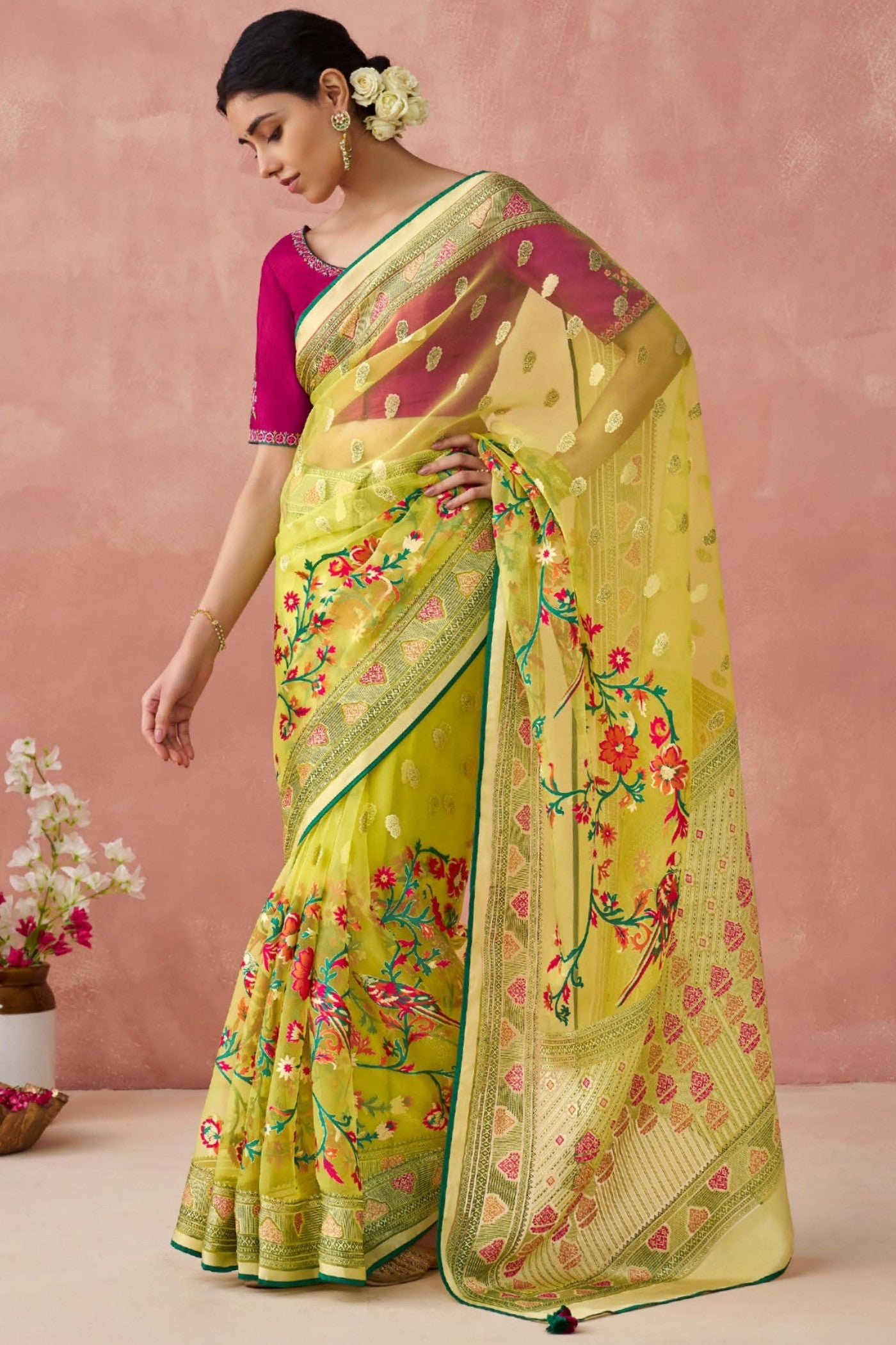 Buy MySilkLove Equator Yellow Brasso Organza Printed Saree Online