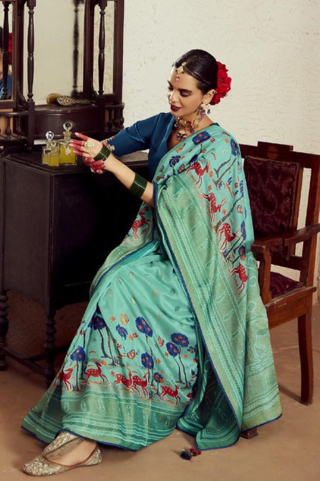 Buy MySilkLove Winter Green Printed Brasso Soft Silk Saree Online