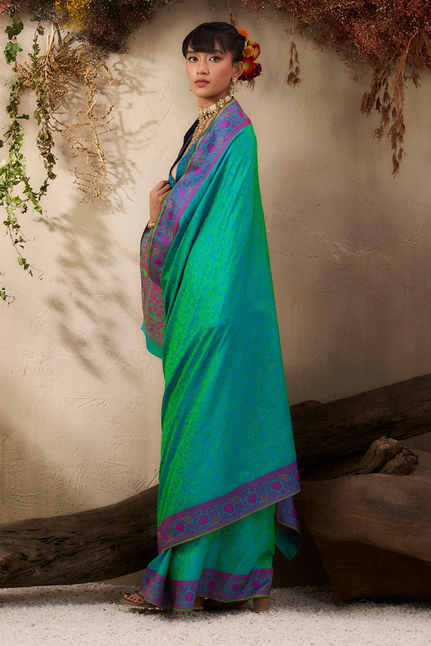 Buy MySilkLove Navy Green Woven Tanchoi Kanjivaram Saree Online