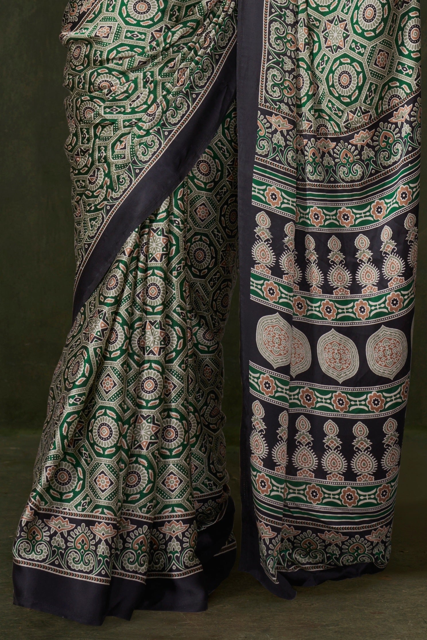 Buy MySilkLove Castleton Green Ajrakh Printed Satin Crepe Silk Saree Online