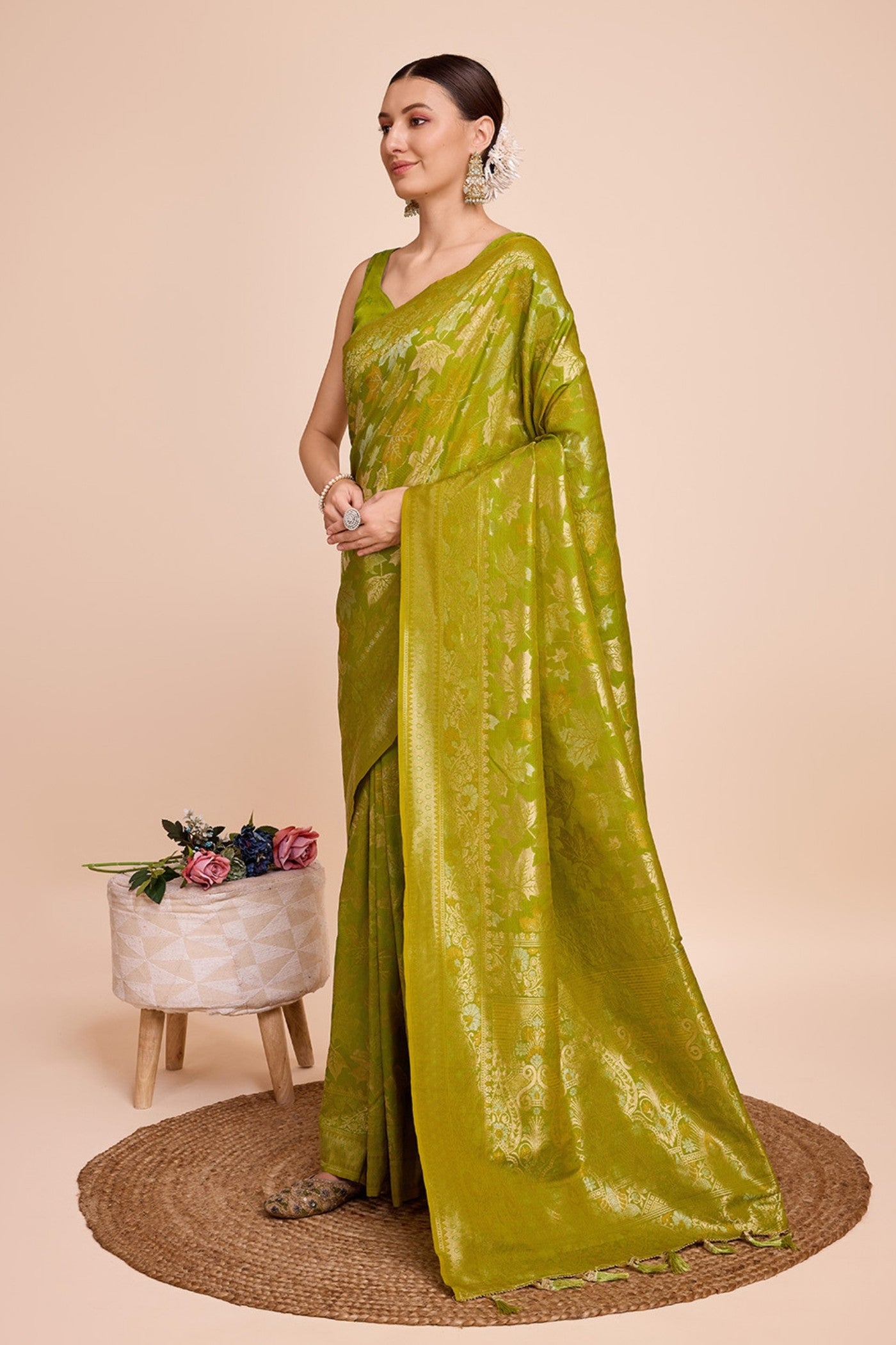 Buy MySilkLove Volt Green Banarasi Soft Silk Saree Online