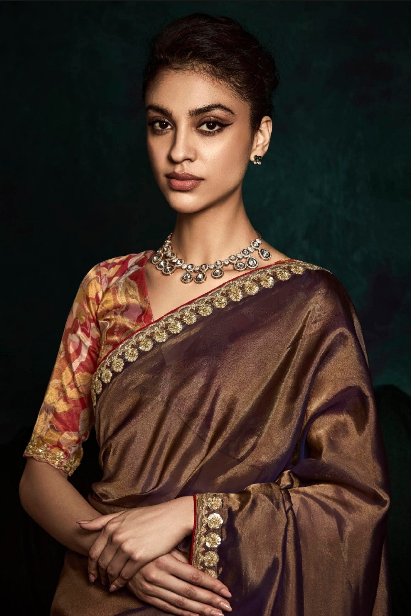 Buy MySilkLove Coffe Brown Embroidered Tissue Designer Saree Online