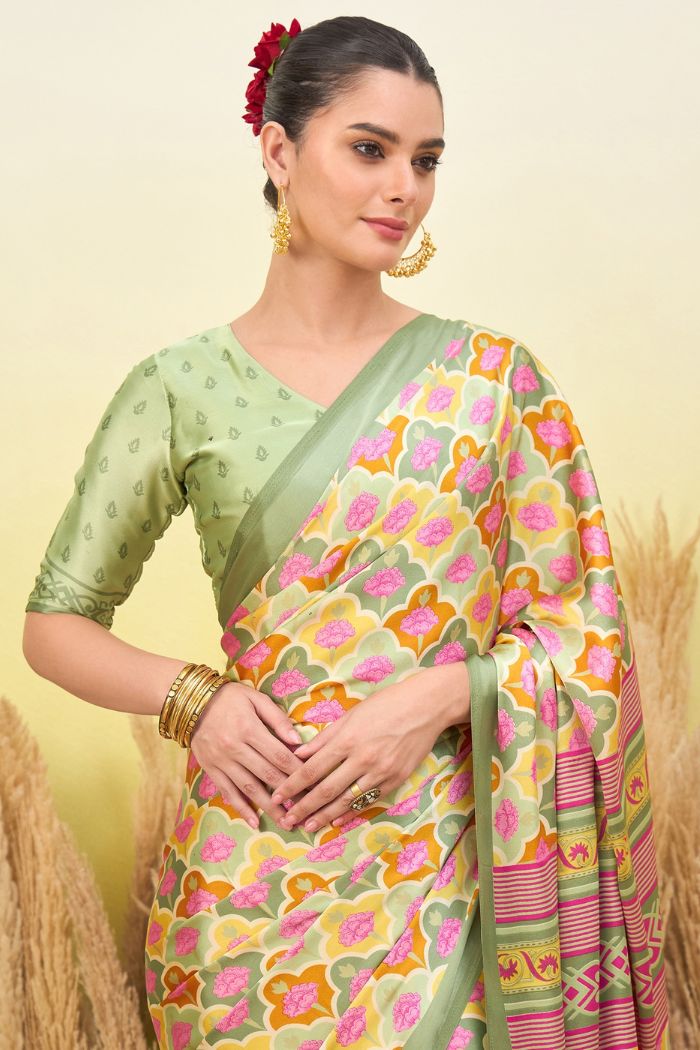 Buy MySilkLove Olive Green and Cream Modal Satin Printed Silk Saree Online