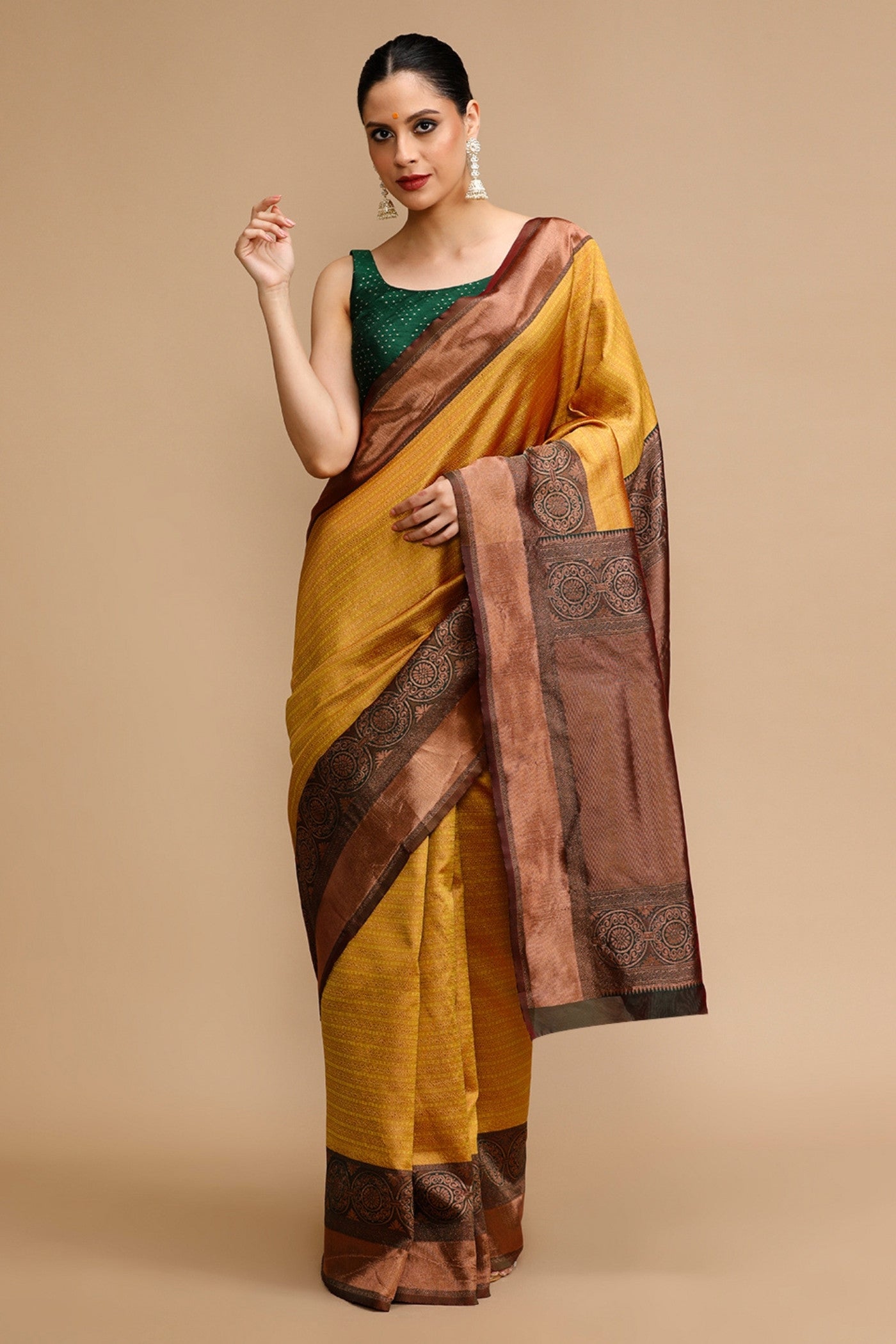MySilkLove Saffron Yellow and Green Woven Jacquard Lichi Silk Saree