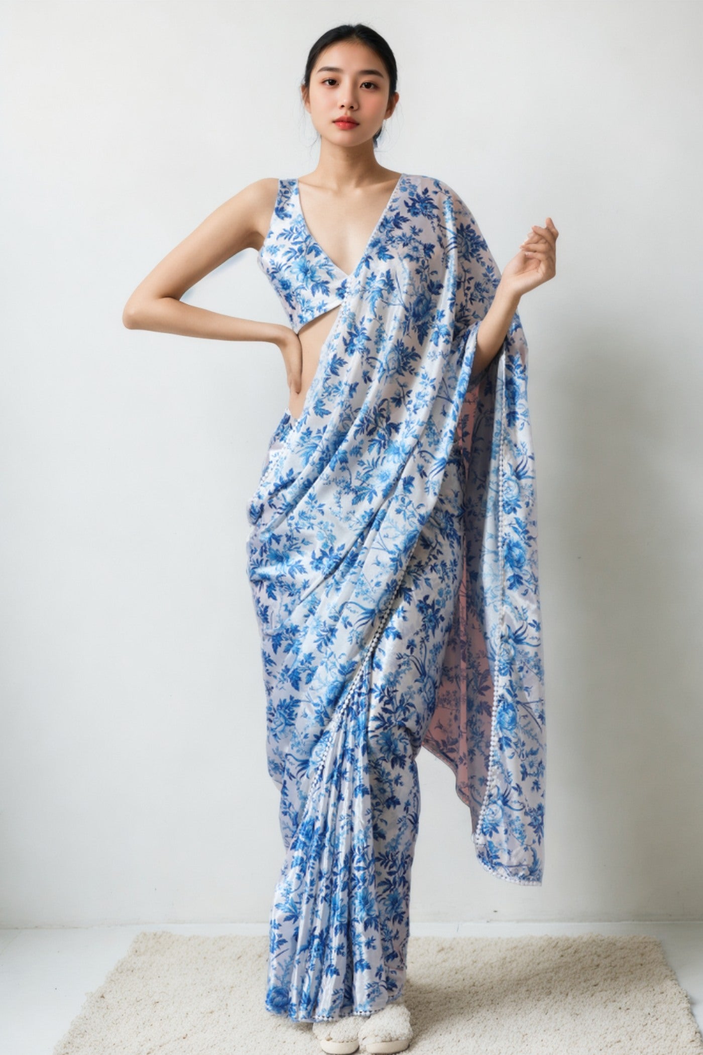 Buy MySilkLove Cornflower Blue Chinon Printed Ready To Wear Saree Online