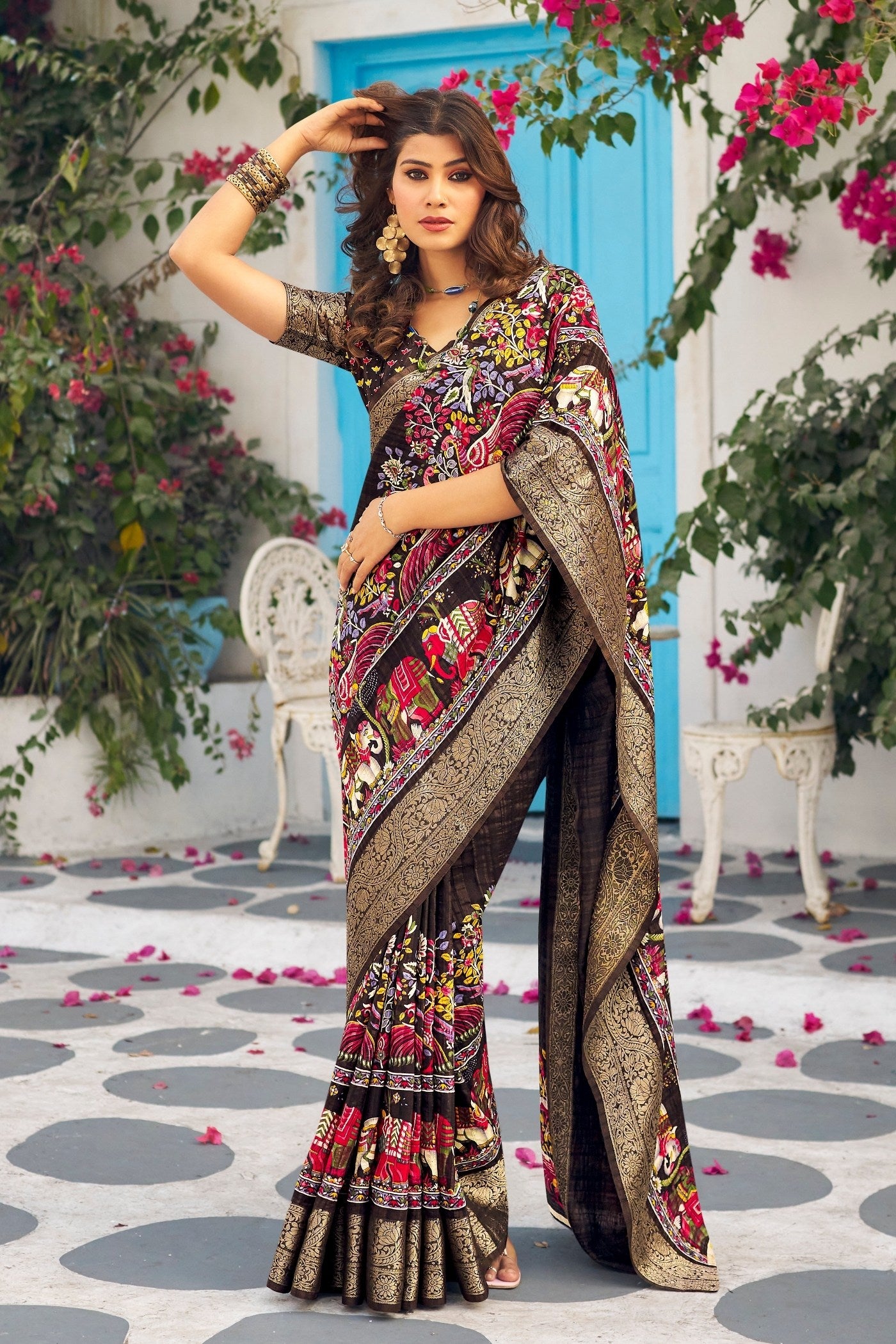 Buy MySilkLove Taupe Black Banarasi Printed Saree Online