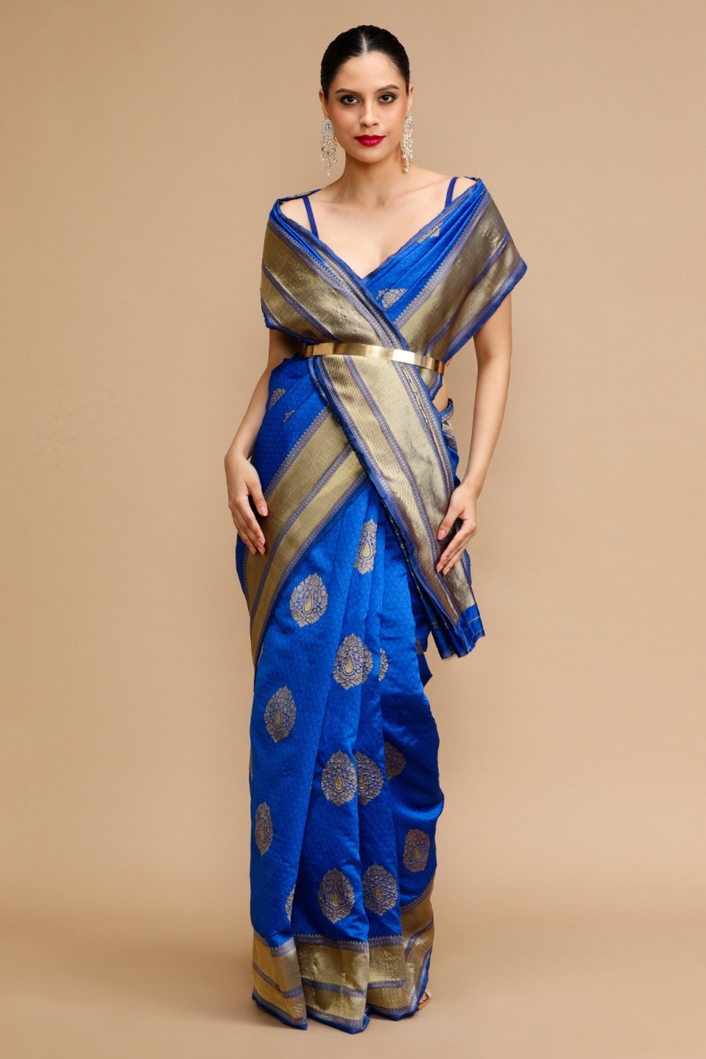 Buy MySilkLove Ultramarine Blue Woven Jacquard Lichi Silk Saree Online