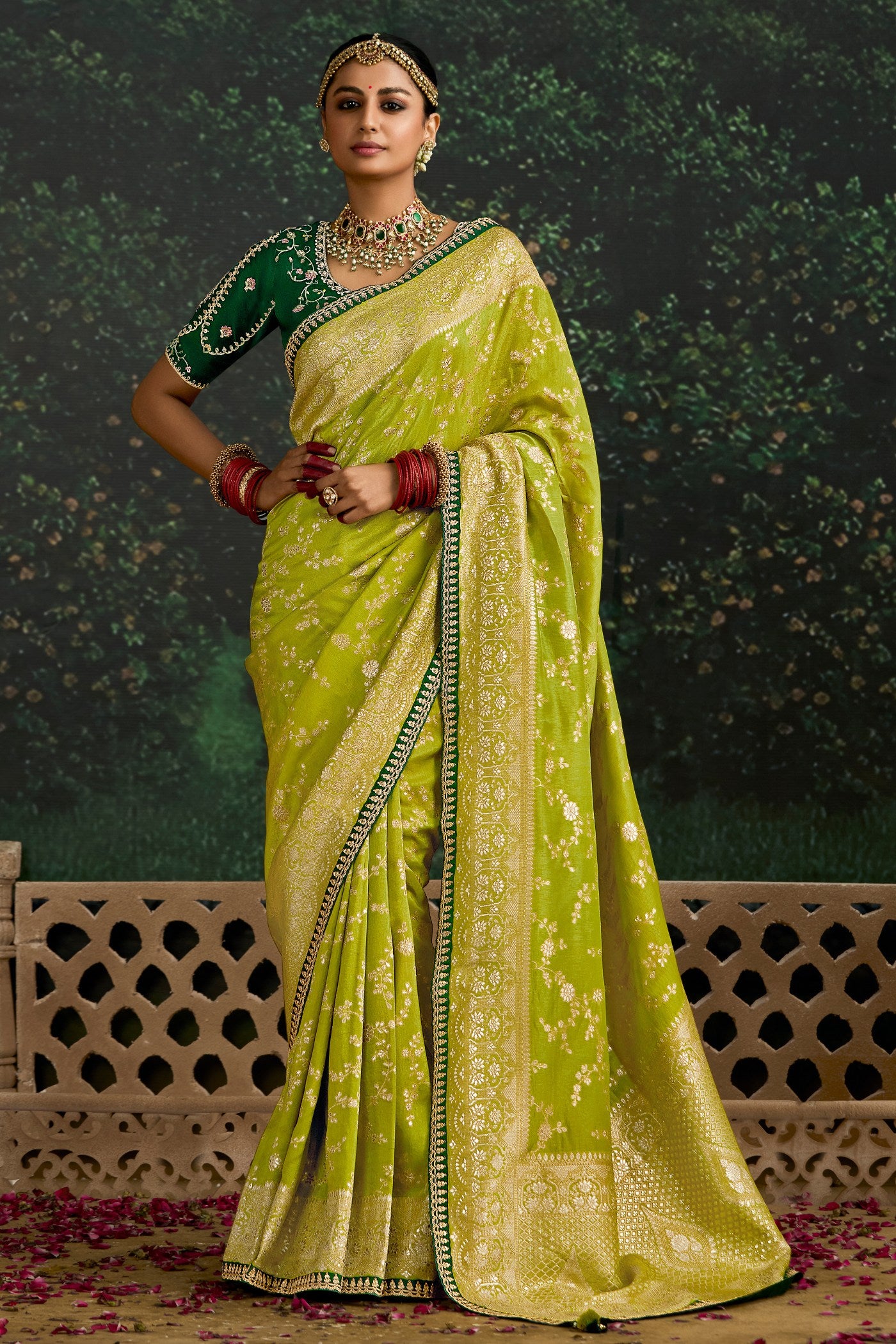 Buy MySilkLove Pear Green Designer Banarasi Saree Online