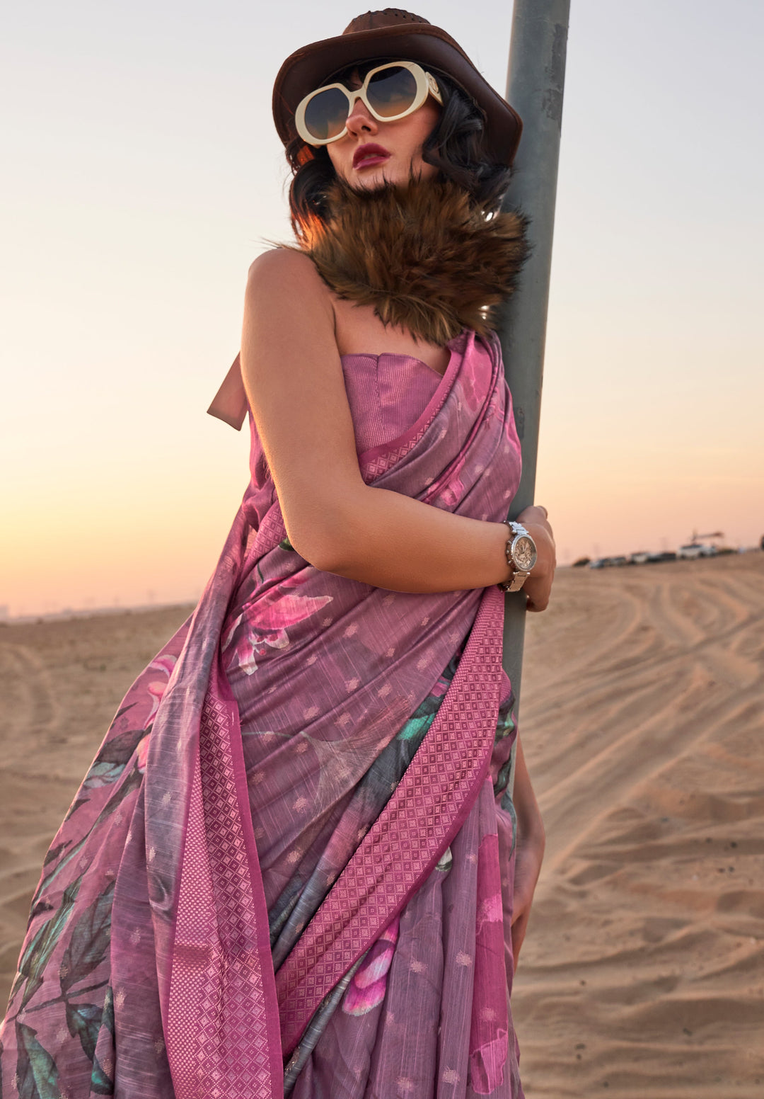 Buy MySilkLove Rose Dust Purple Woven Linen Saree Online