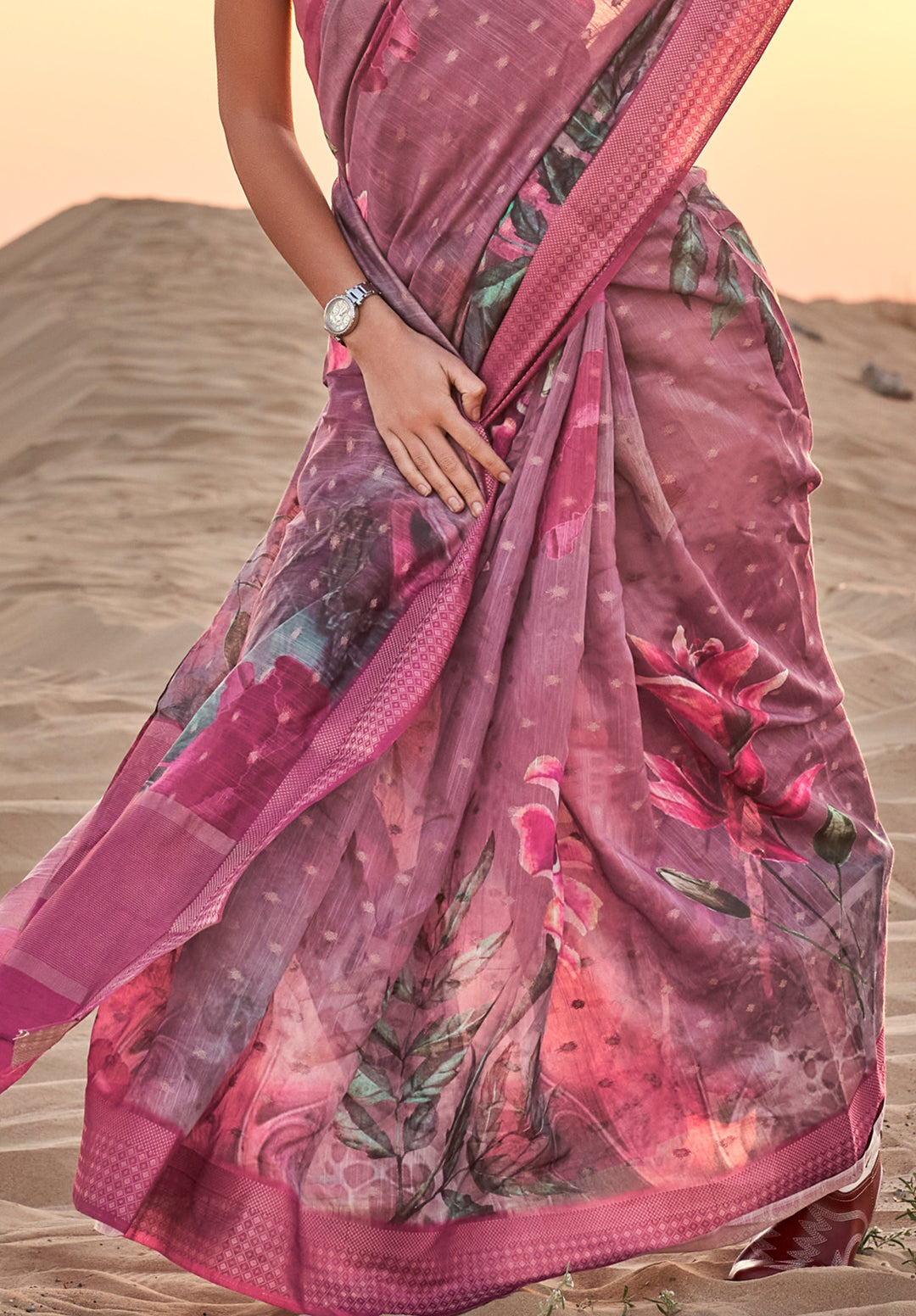 Buy MySilkLove Rose Dust Purple Woven Linen Saree Online