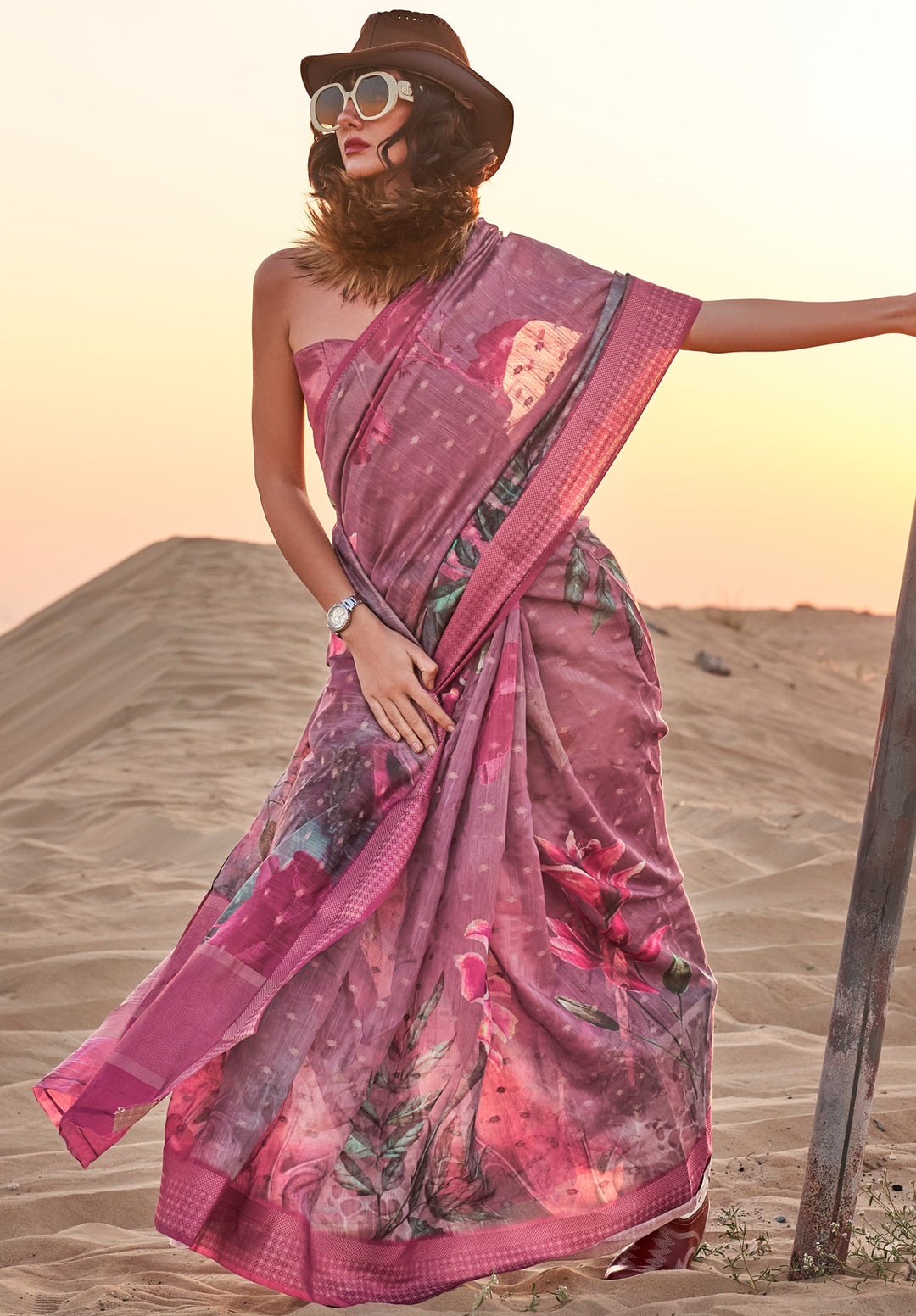 Buy MySilkLove Rose Dust Purple Woven Linen Saree Online