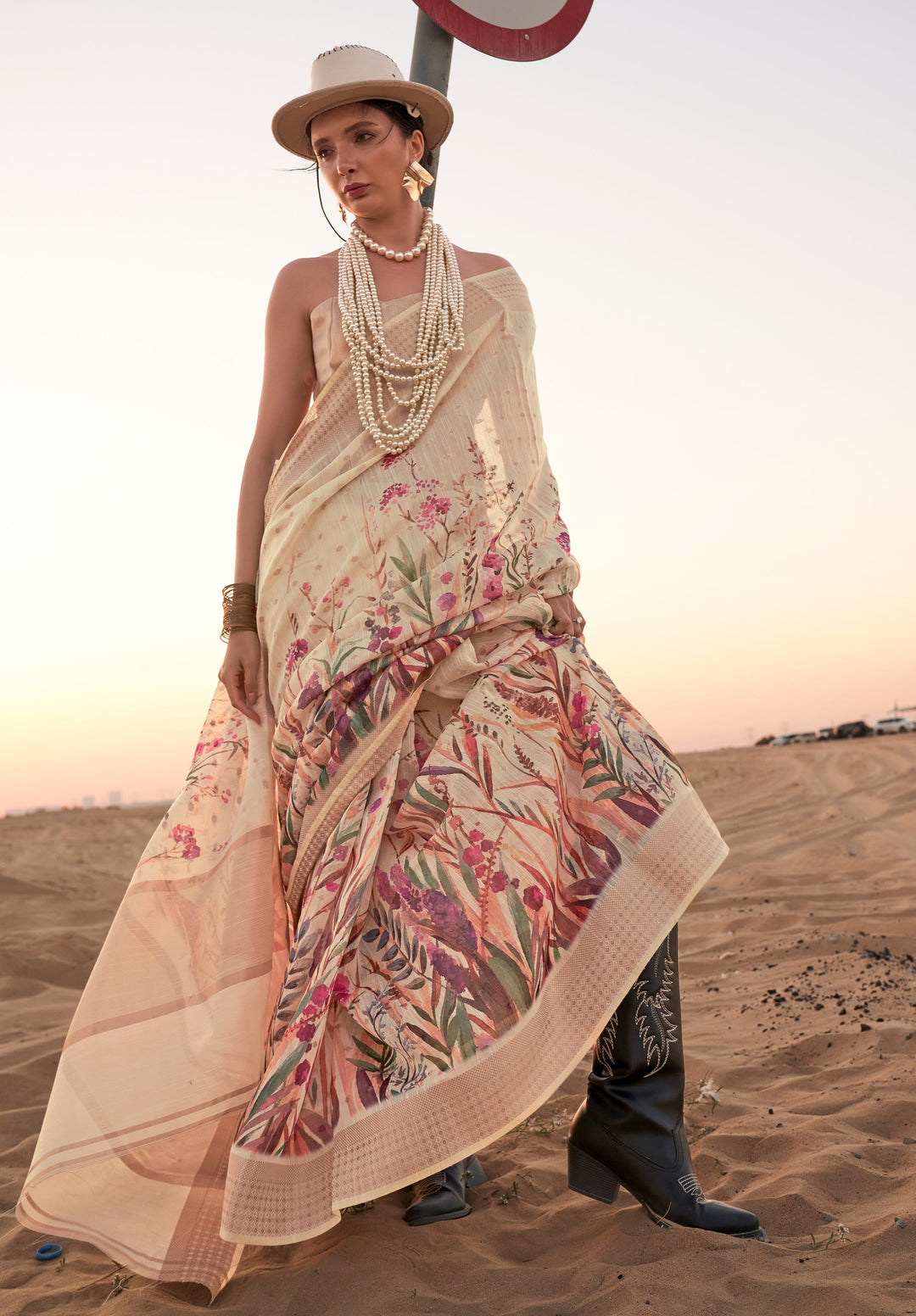 Buy MySilkLove Desert Sand Cream Woven Linen Saree Online