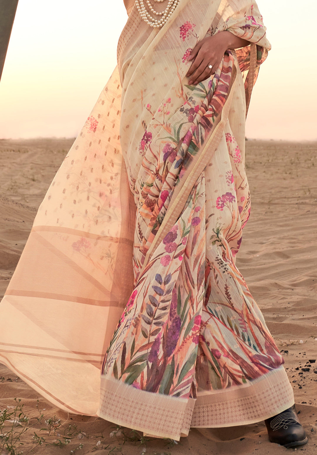 Buy MySilkLove Desert Sand Cream Woven Linen Saree Online