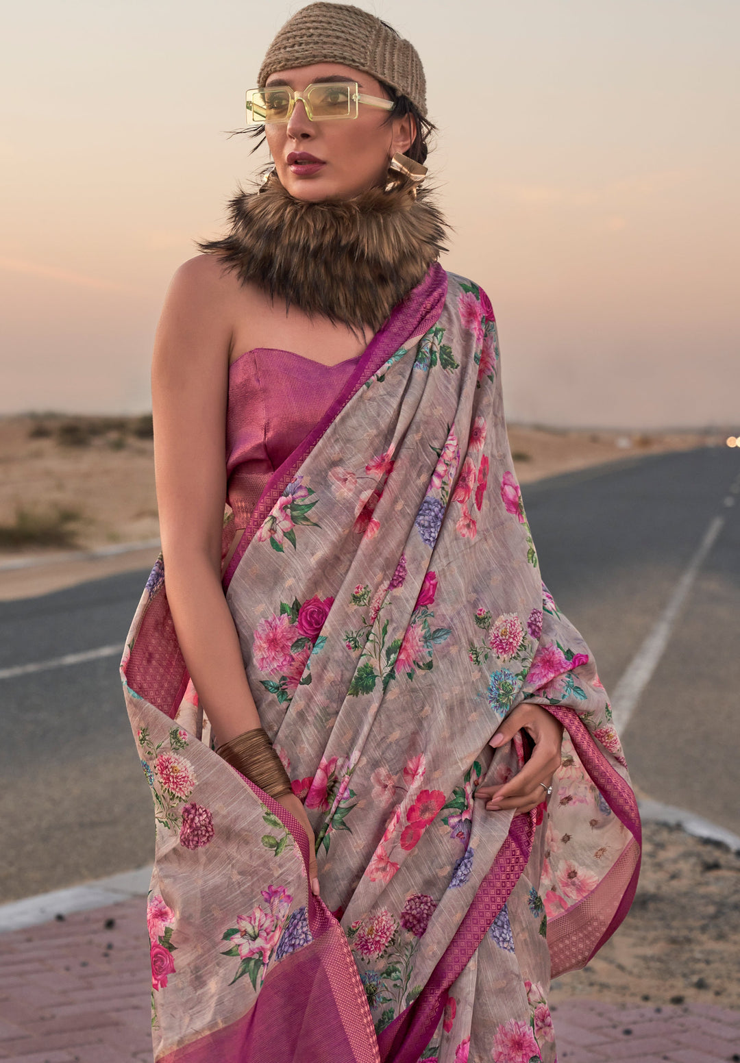 Buy MySilkLove Dorado Grey Woven Linen Saree Online