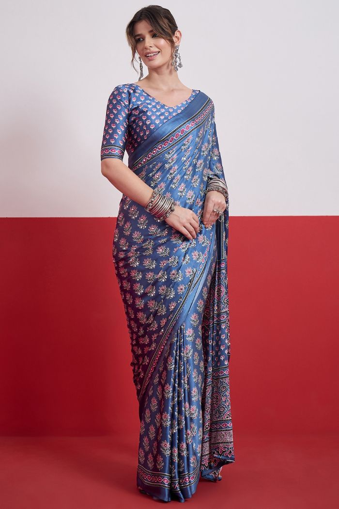 Buy MySilkLove Cloud Blue Modal Ajrakh Satin Printed Mirror Work Saree Online