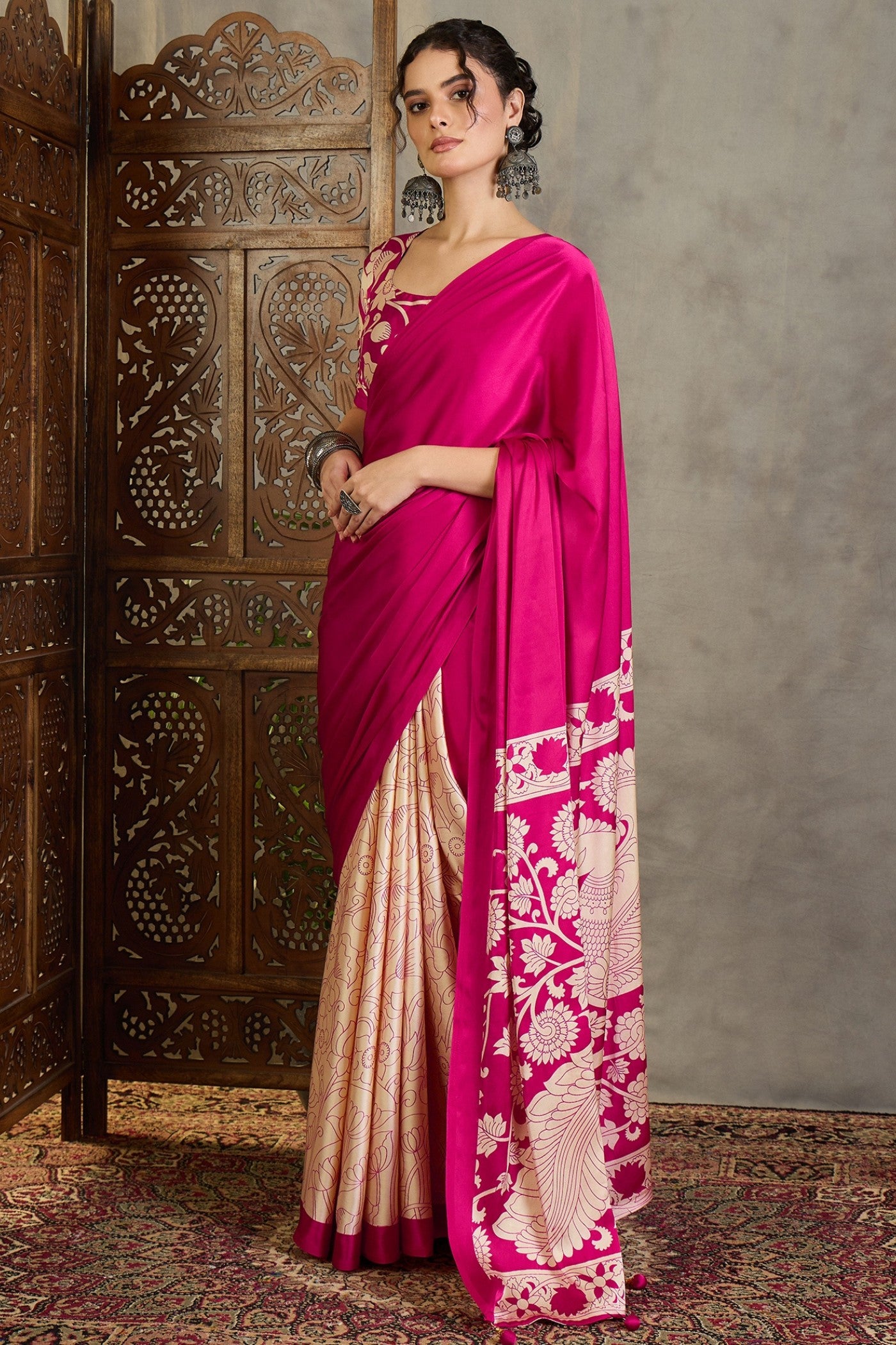 Buy MySilkLove Paradise Pink Kalamkari Printed Satin Silk Saree Online