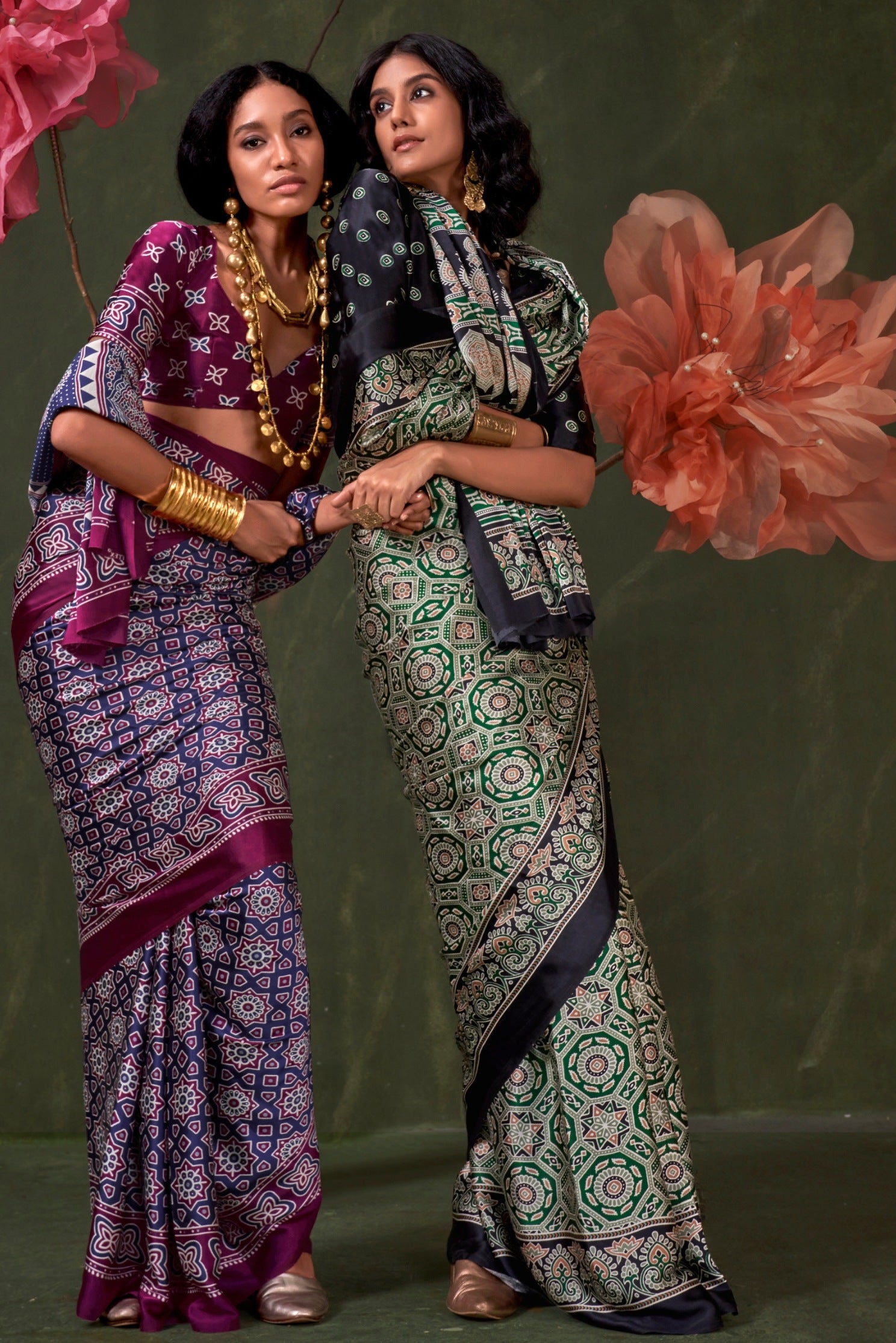 Buy MySilkLove Castleton Green Ajrakh Printed Satin Crepe Silk Saree Online