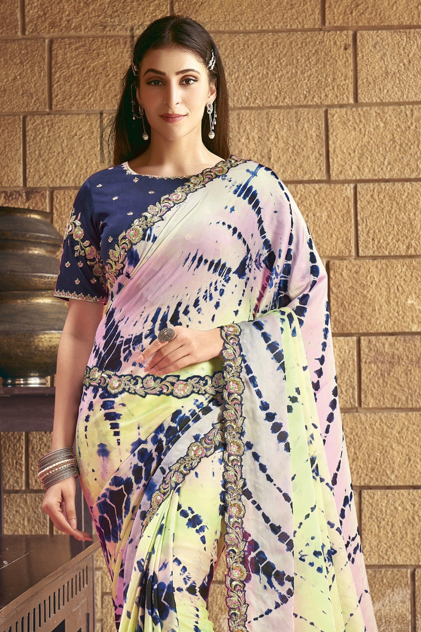 Buy MySilkLove Cupid Pink and Yellow Georgette Printed Silk Saree Online