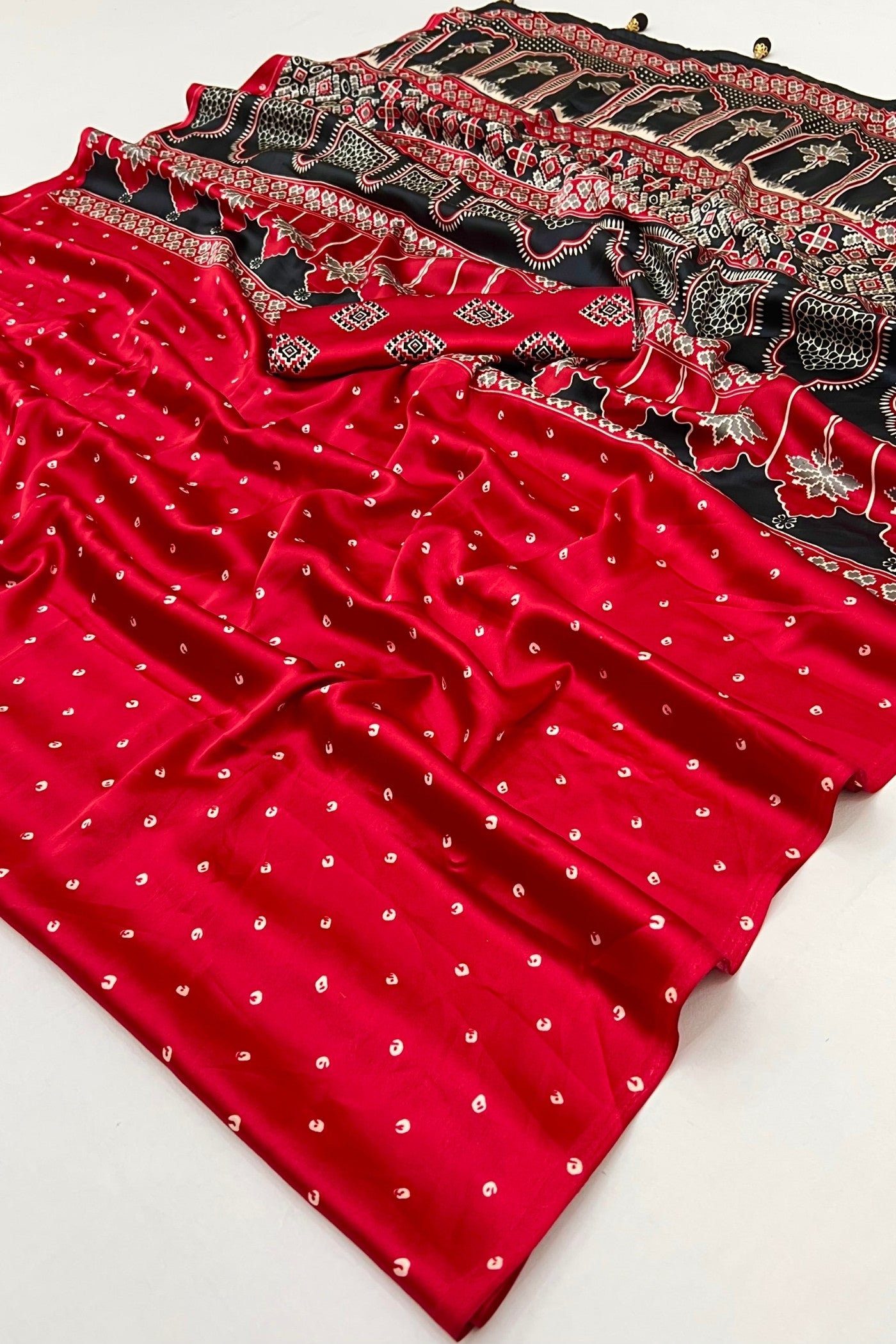 Buy MySilkLove Barn Red Ajrakh Printed Satin Crepe Silk Saree Online