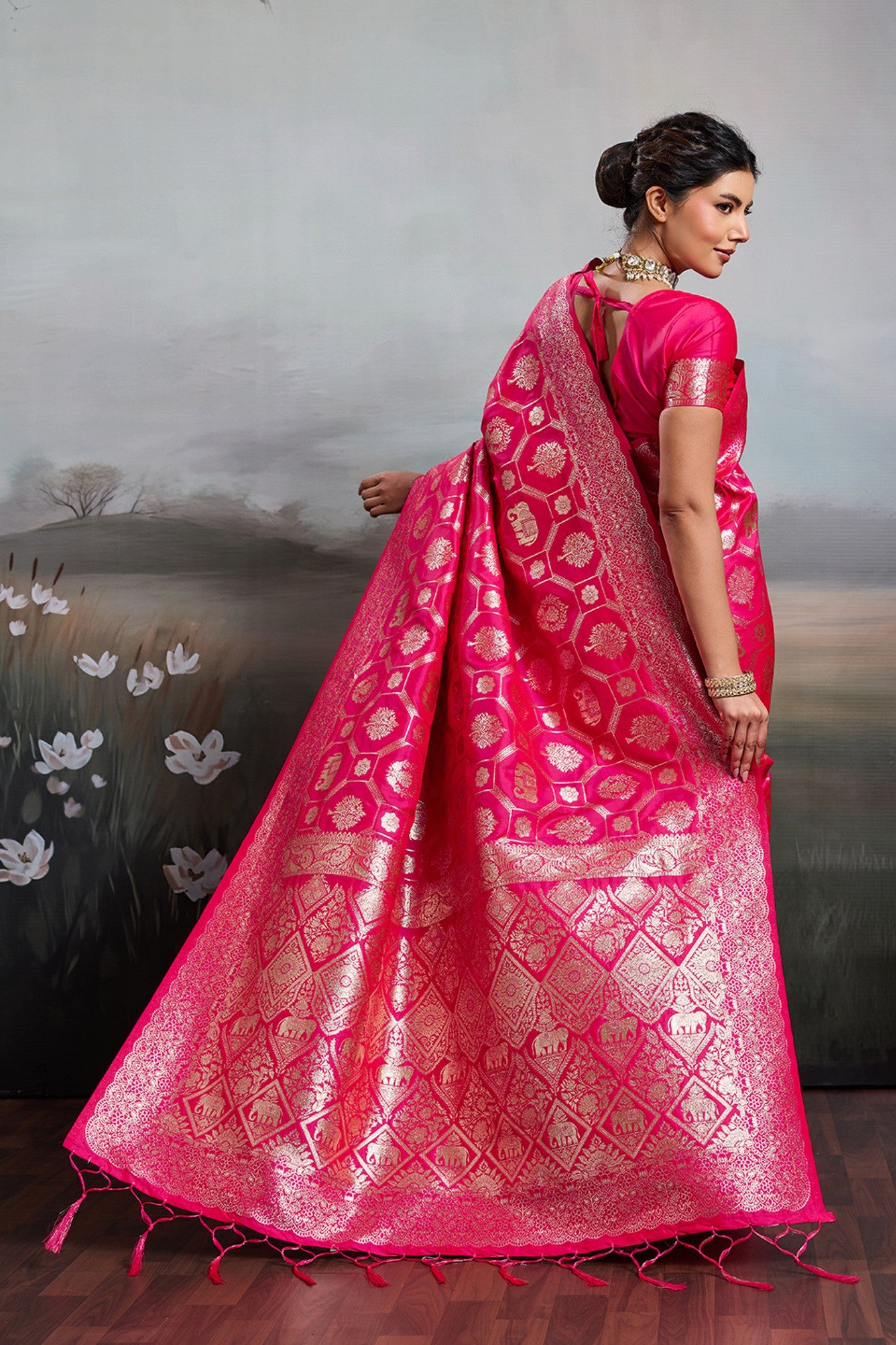 Buy MySilkLove Pizzazz Pink Woven Banarasi Soft Silk Saree Online