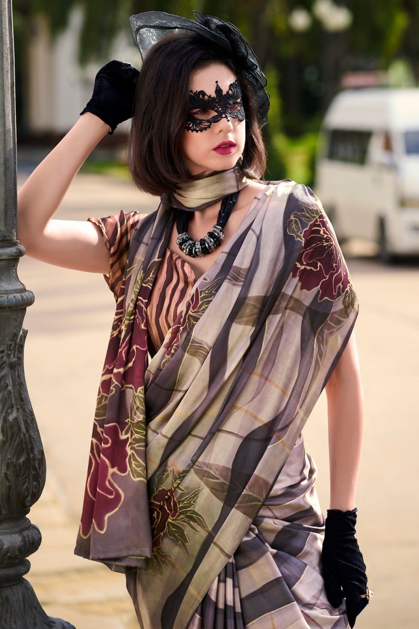 MySilkLove Don Juan Brown Printed Satin Crepe Silk Saree