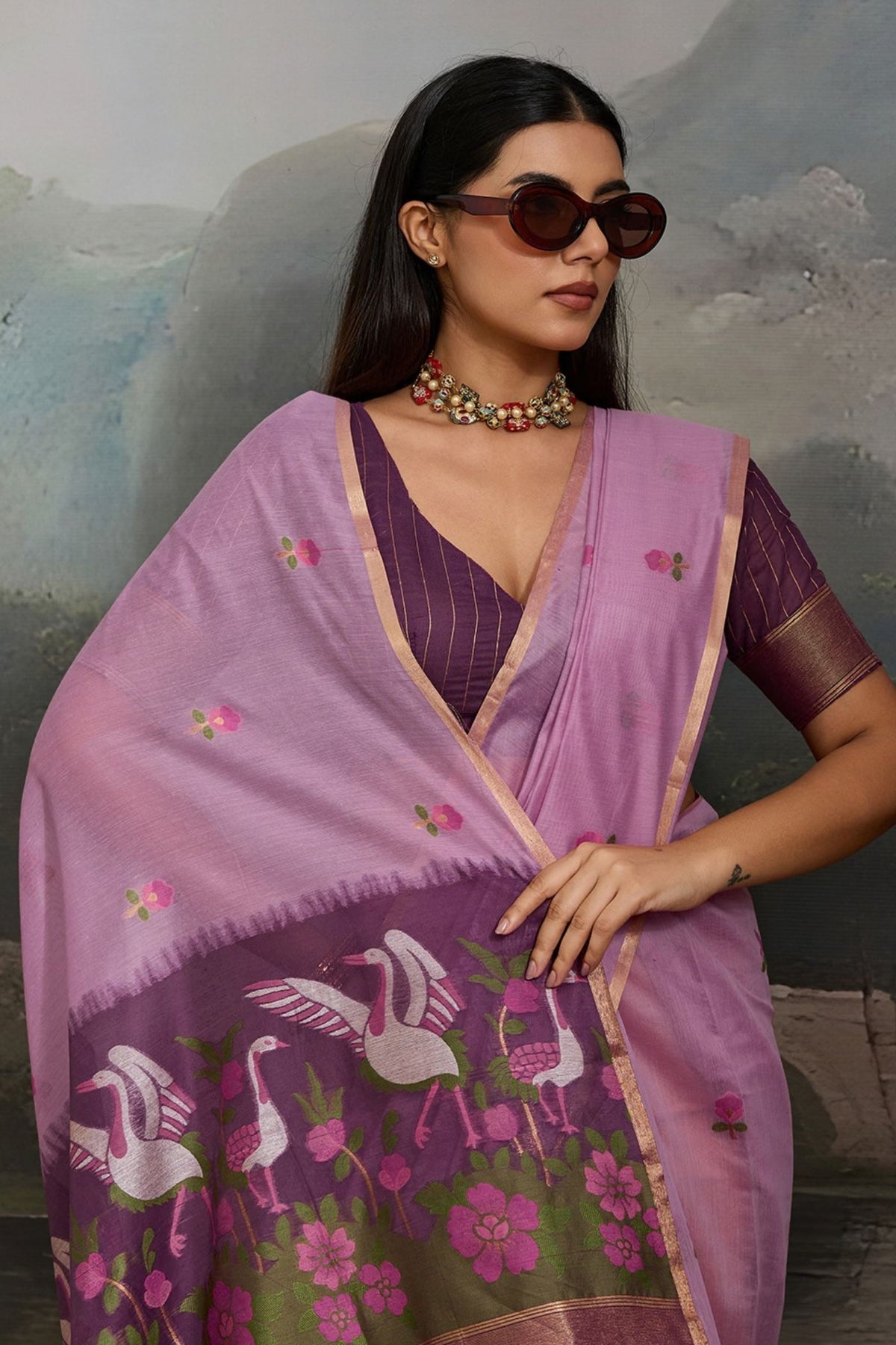 Buy MySilkLove Iris Purple Cotton Handloom Swan Saree Online