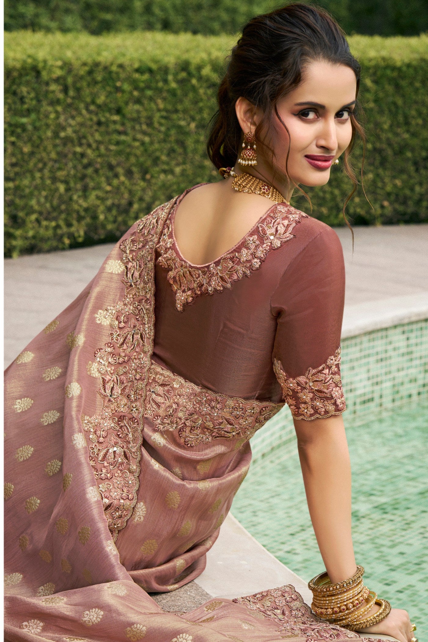 MySilkLove Coffee Brown Banarasi Designer Embroidered Saree